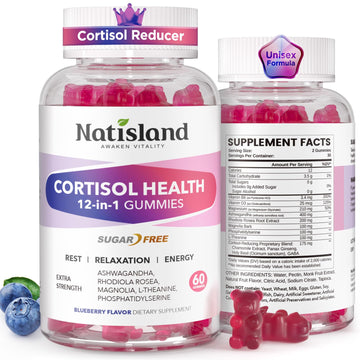 Cortisol Gummies, 12-in-1 Cortisol Reducer, with Magnesium Glycinate, Ashwagandha, L-Theanine, Phosphatidylserine, Vitamin B6 & D3, Rhodiola Rosea, for Men & Women, Sugar-Free, Vegan, NON-GMO, 60CT NATISLAND uk supplements