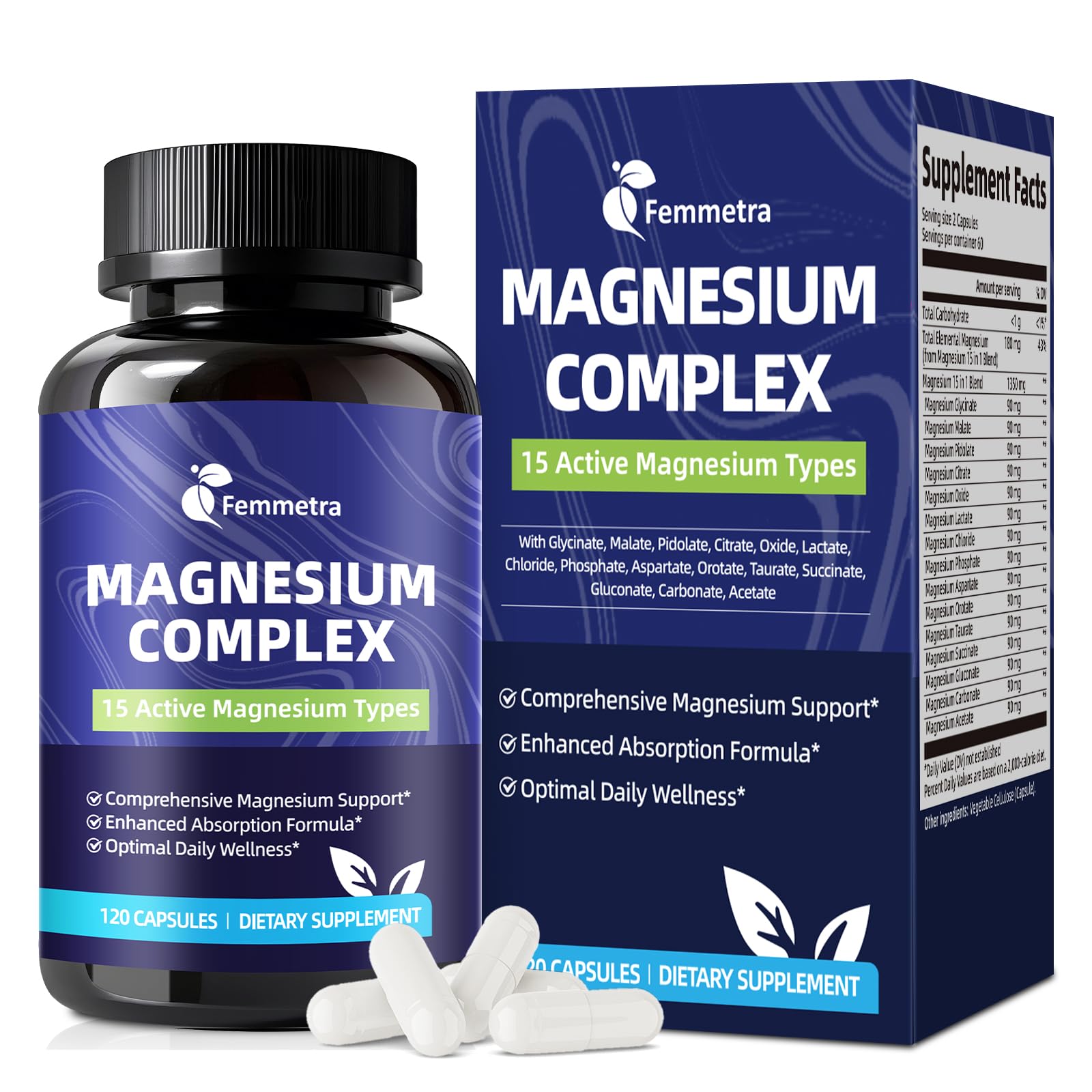 Magnesium Complex for Women Men 1350mg 15 in 1 Pure Magnesium Supplement, with High Absorption Chelated Magnesium Glycinate Citrate Malate & More for Muscle, Heart, Sleep & Bone Support, Vegan 60 Days Femmetra uk supplements