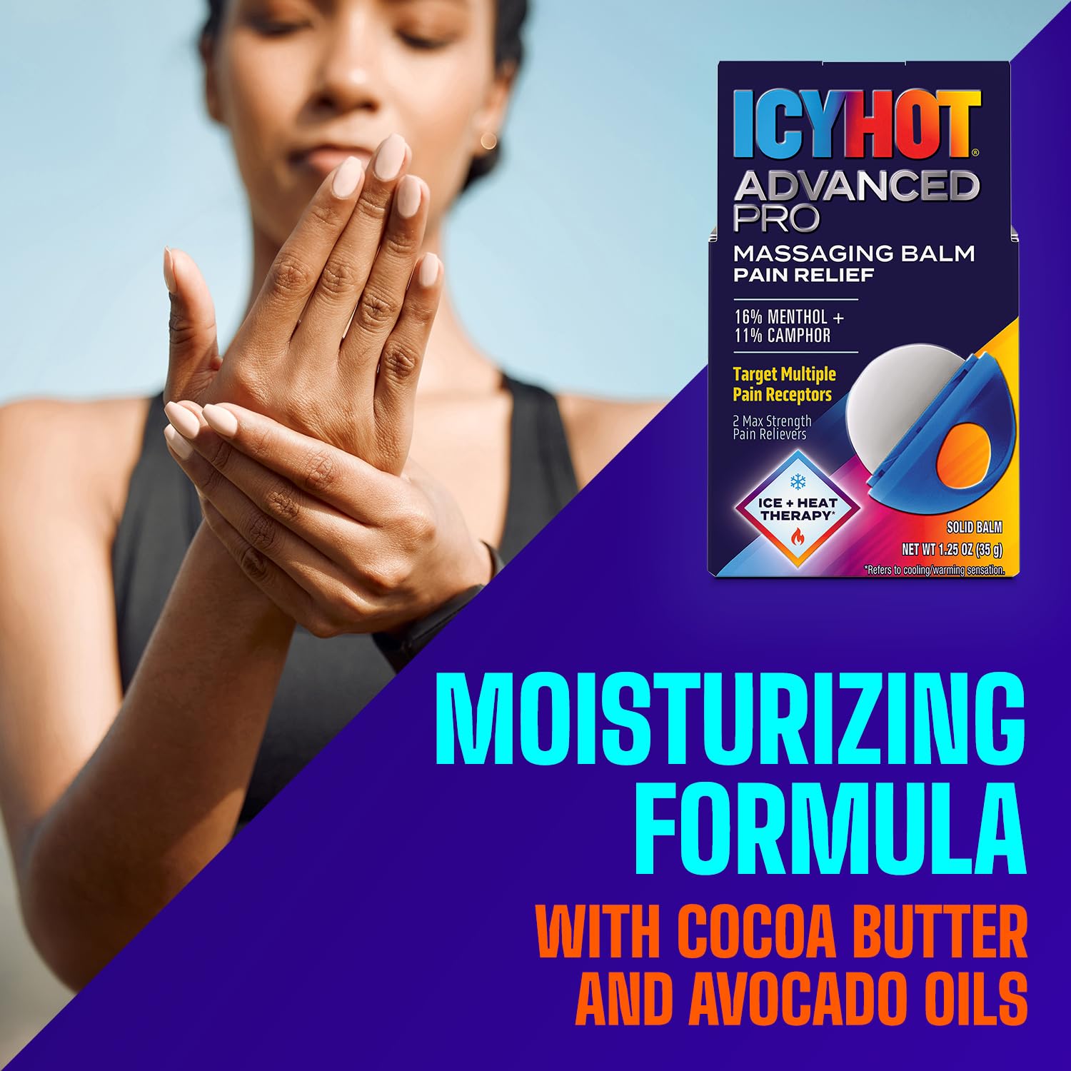 Icy Hot Advanced PRO Pain Relief Massaging Balm, Fast-Acting Max Strength Pain Relief With Menthol 16% and Camphor 11% for Backaches, Joints, Muscle Strains and Arthritis, Essential Oil Scent, 1.25 oz Icy Hot uk supplements