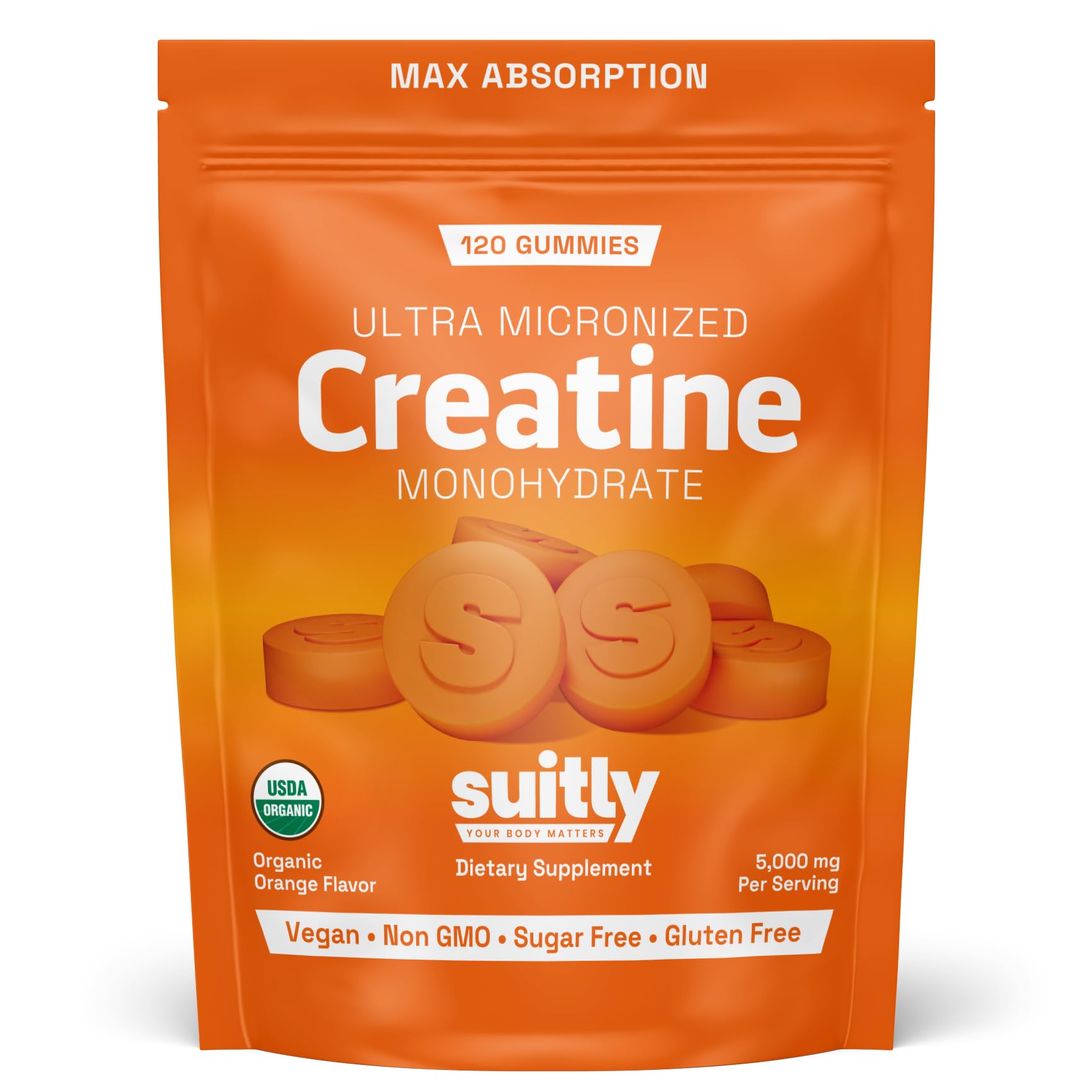 USDA Organic Ultra-Micronized Creatine Gummies for Men & Women; Orange Max Absorption 5g Creatine Gummies Sugar Free for Muscle Gain, Energy & Recovery; Muscle Builder for Women with Pouch - 120 Count Suitly uk supplements