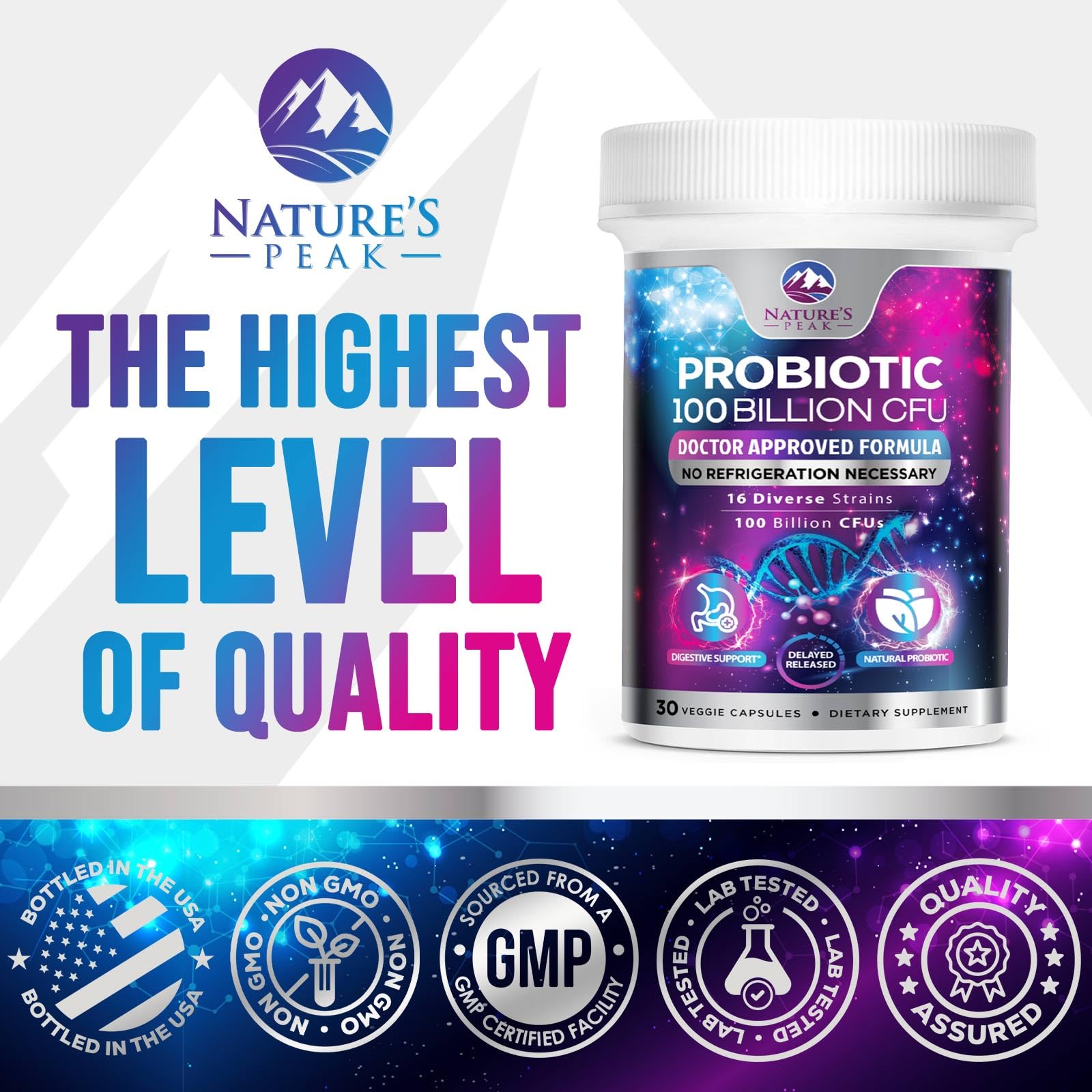 Probiotics 100 Billion CFU - 16 Premium Strains + Prebiotics - Best Probiotics for Women & Men - Supports Immune, Digestive & Gut Health, Supports Occasional Constipation, Gas & Bloating - 30 Capsules Nature's Peak uk supplements