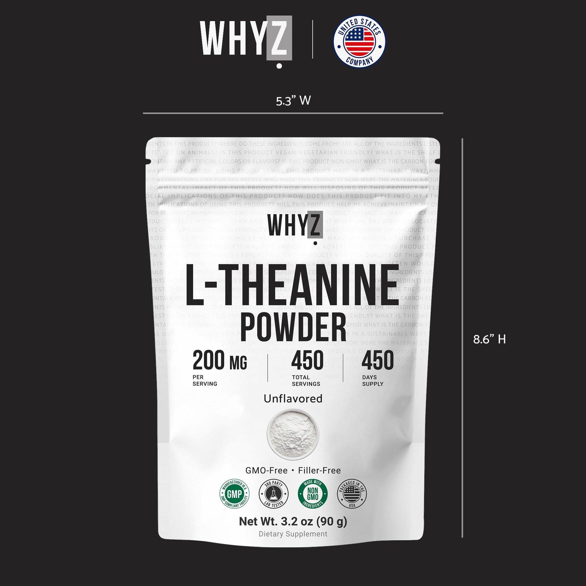 Pure L-Theanine Powder Unflavored Amino Acid Supplement Powder from Fine L-Theanine for Smooth Mixing Vegan Friendly Non-GMO No-Additives for Smoothies Drinks and Daily Nutrition Support, 3.2 oz (90g) WHYZ uk supplements