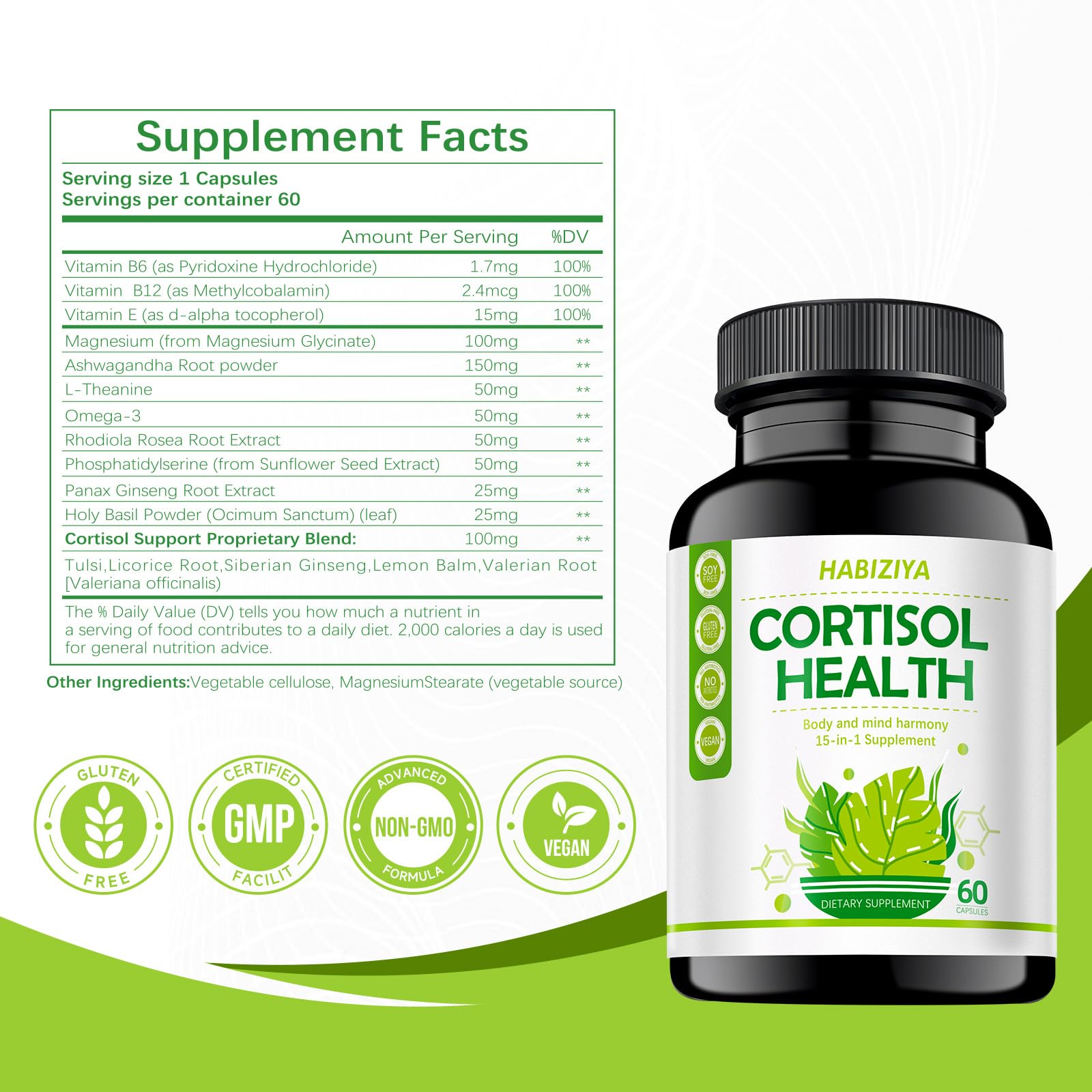 HABIZIYA Cortisol Support Supplement with Magnesium Glycinate, L-Theanine, Ashwagandha, Phosphatidylserine,Rhodiola Rosea 15-in-1 Hormone Balance for Women Men Mood, Focus, Sleep Support 60 Capsules HABIZIYA uk supplements