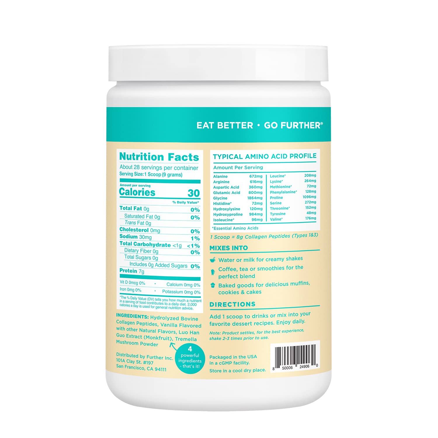 Further Food Collagen Peptides Powder Vanilla Flavored Keto Grass-Fed Collagen Type Further Food uk supplements