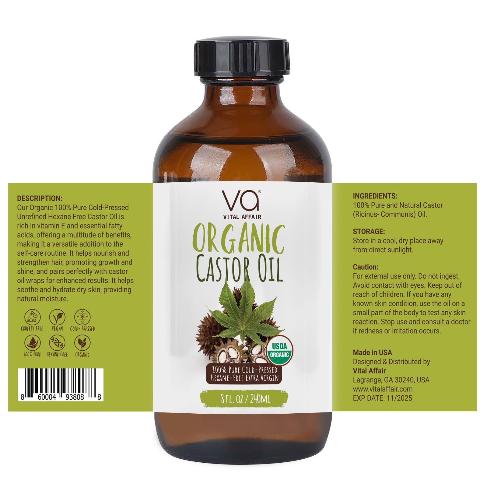 VITAL AFFAIR Castor Oil Organic Cold Pressed Unrefined Glass Bottle- USDA Certified Organic Castor Oil VITAL AFFAIR uk supplements