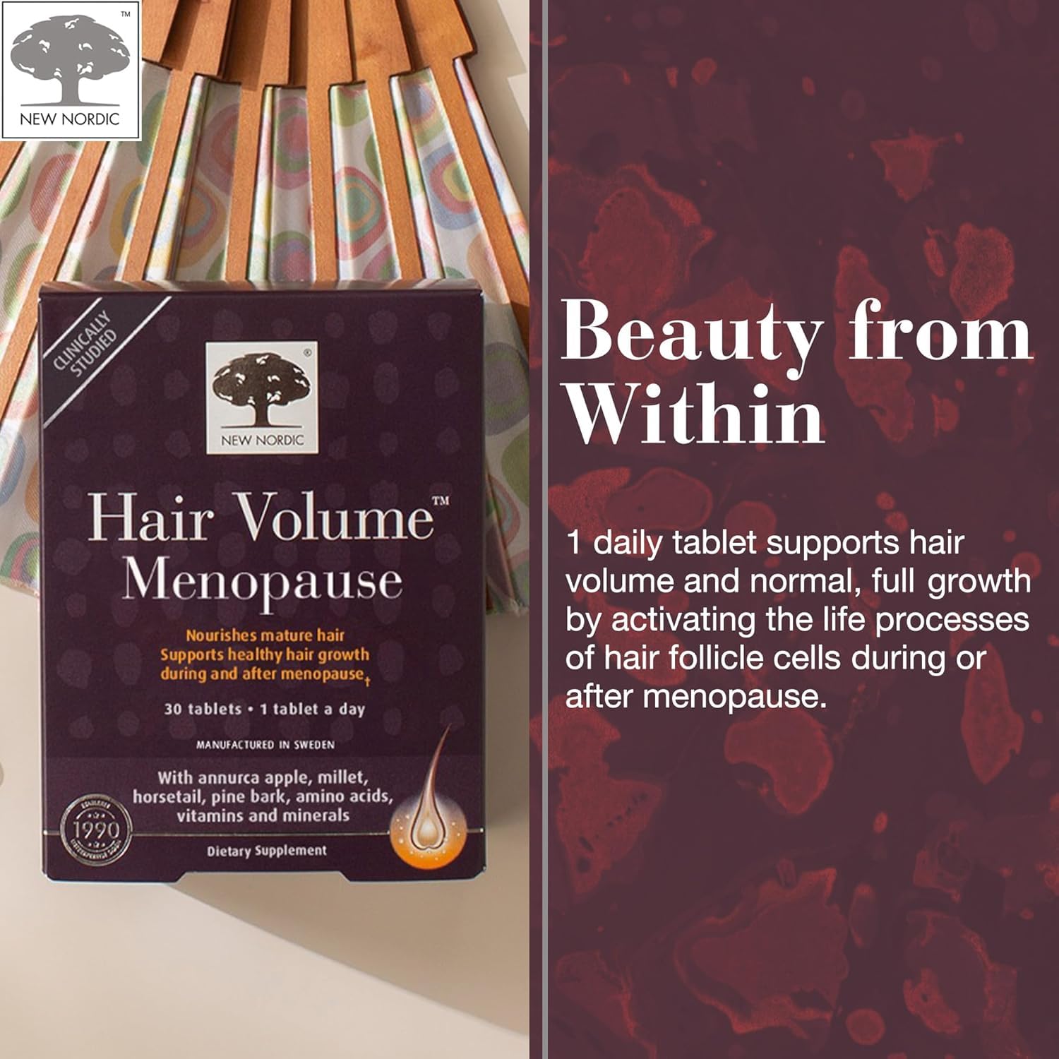 New Nordic Hair Volume Menopause, Supports Healthy Hair Growth During and After Menopause, Pine Bark and Annurca Apple Extract, 30 Tablets NEW NORDIC uk supplements