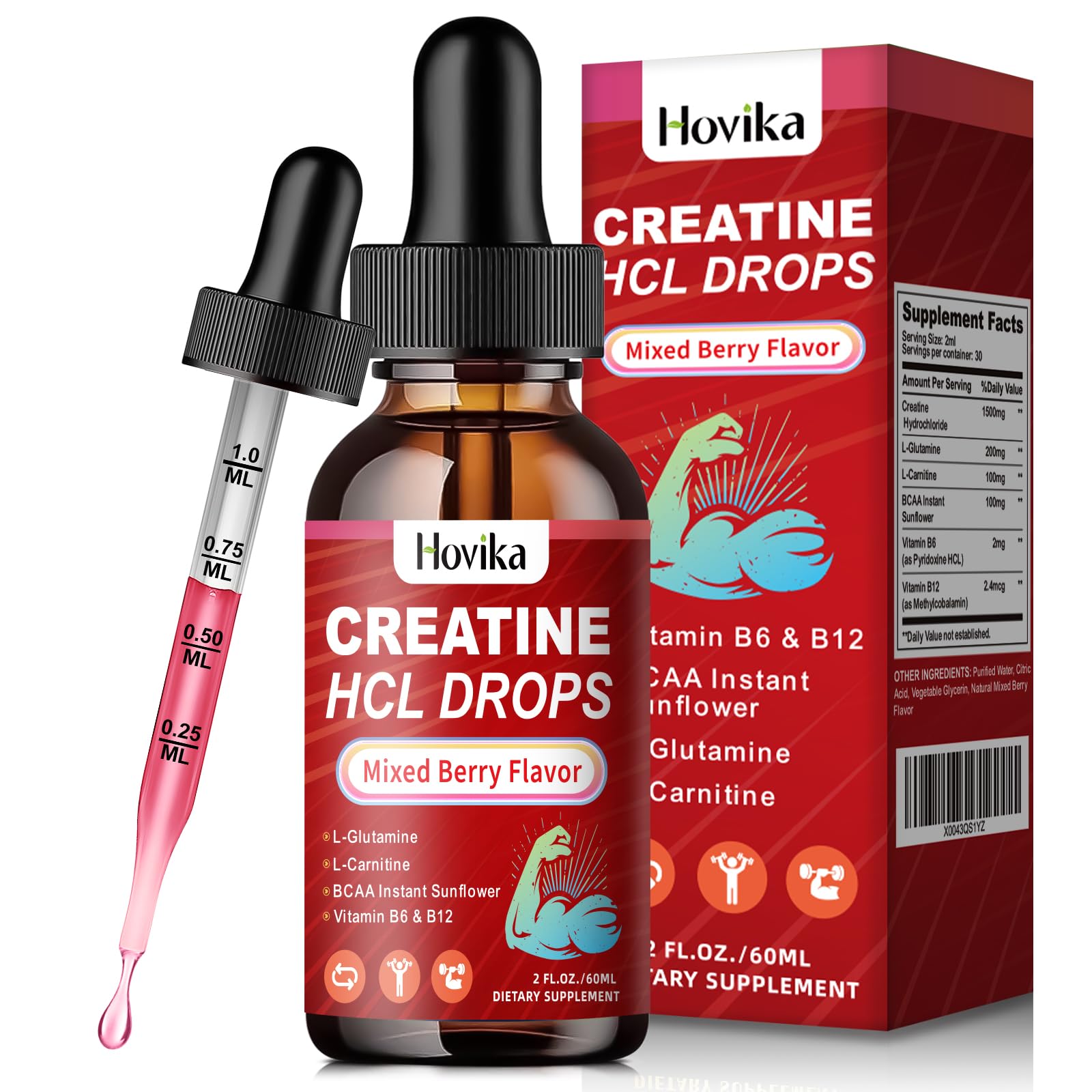 Creatine HCL Liquid Drops for Men & Women, Creatine Hydrochloride with L-Carnitine, L-Glutamine, BCAA, Vitamin B12 & B6 for Muscle Growth & Recovery-Vegan, Mixed Berry Flavor Flavor, 2 Fl Oz Hovika uk supplements