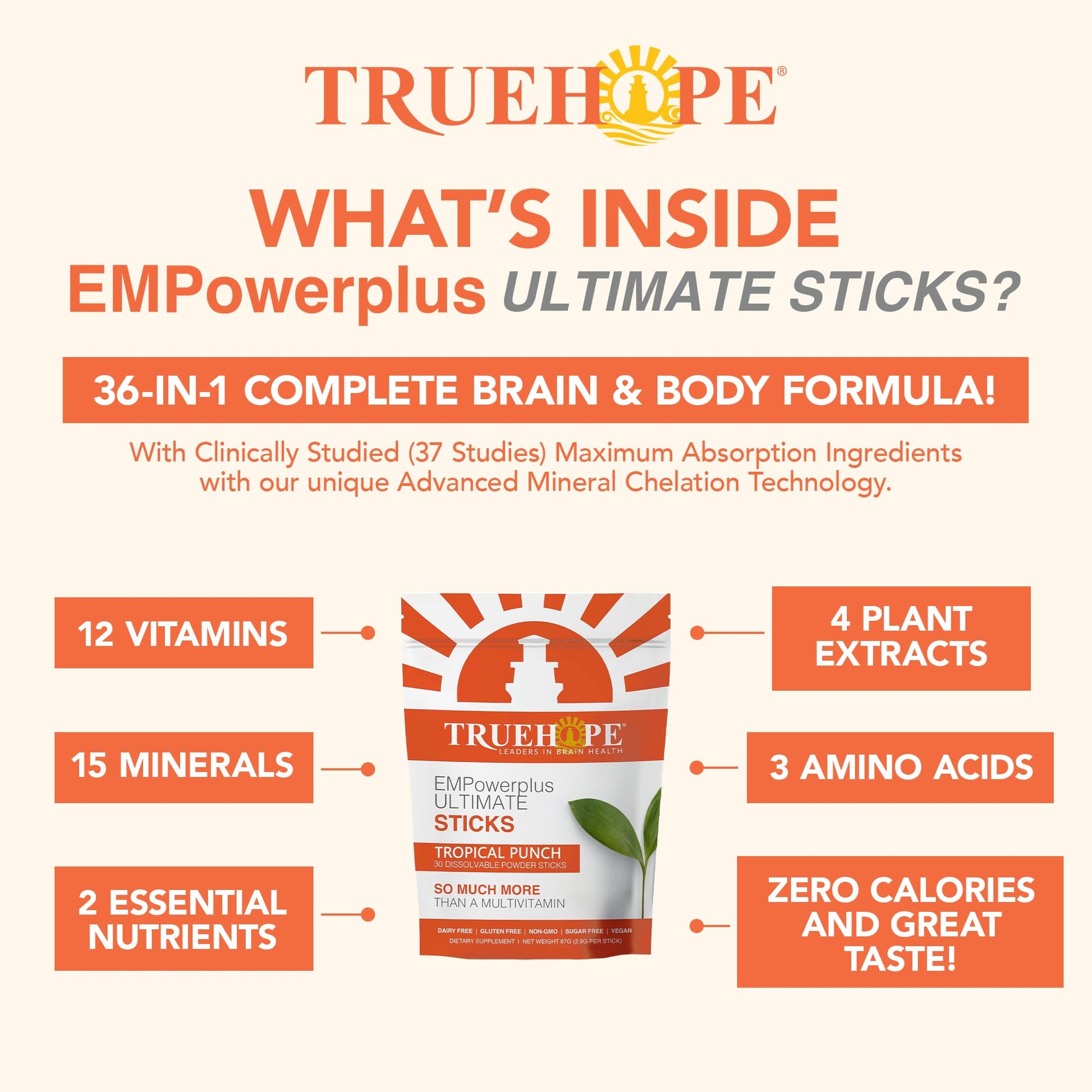 Truehope Multivitamin Nootropic Pouches with Inositol - Once-Per-Day EMPowerplus Ultimate Sticks - 30 Count (Tropical) Truehope uk supplements