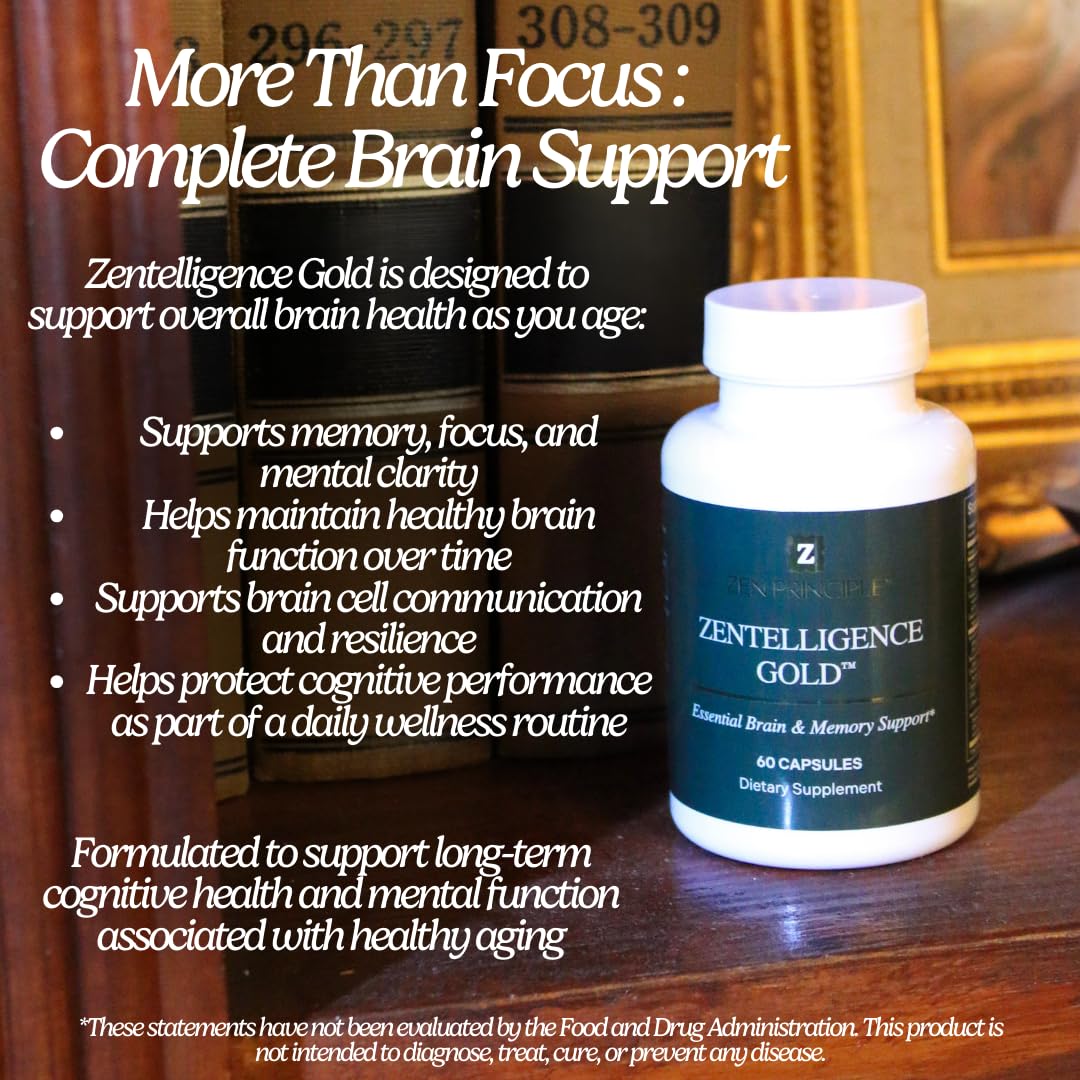 Zen Principle Zentelligence™ Gold Brain Supplement – Memory, Focus & Mental Clarity. Premium Cognitive Support for Adults 40+ with Magnesium, Vitamin D3, CoQ10, Vitamin B12 & L-Theanine. 60 Capsules Zen Principle uk supplements