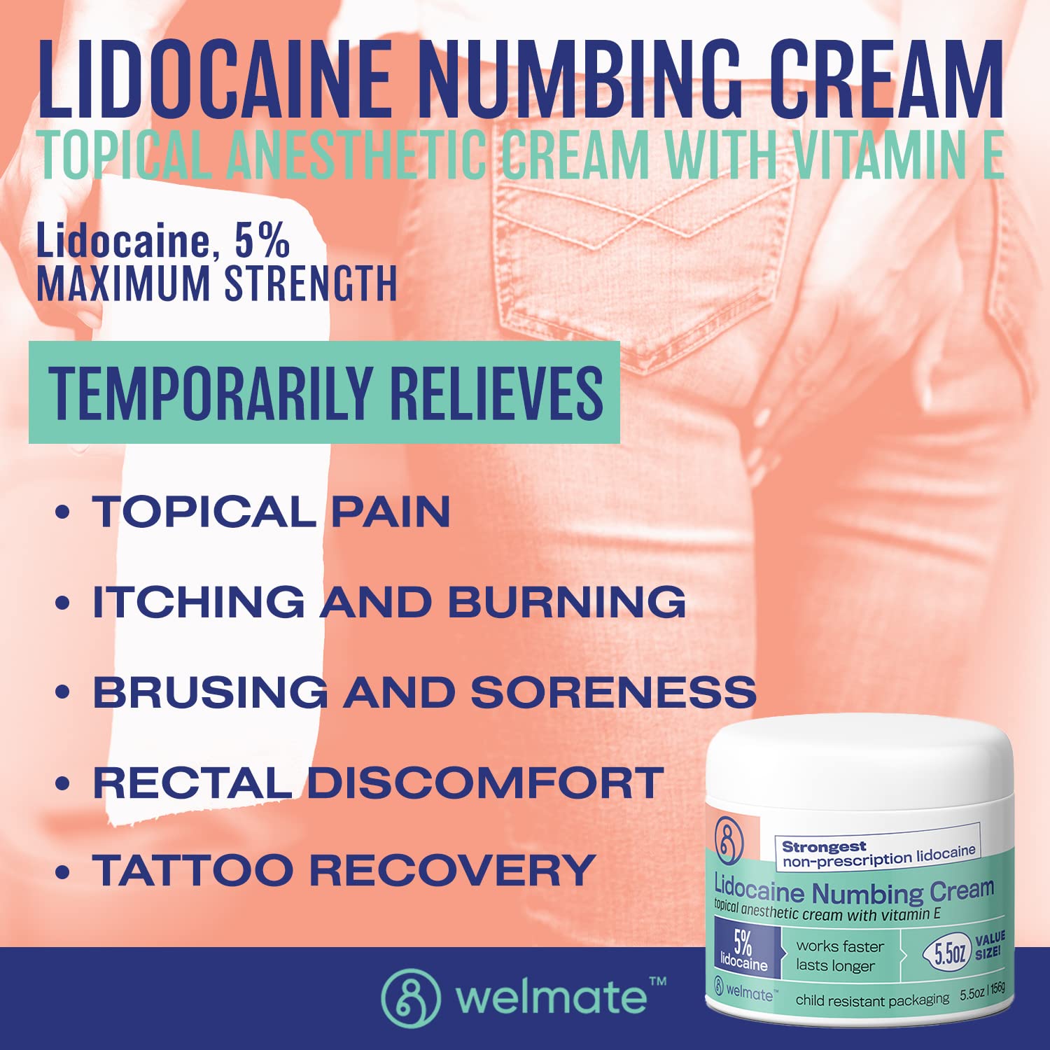 WELMATE | 5% Lidocaine | Numbing Cream Maximum Strength | Topical Anesthetic WELMATE uk supplements