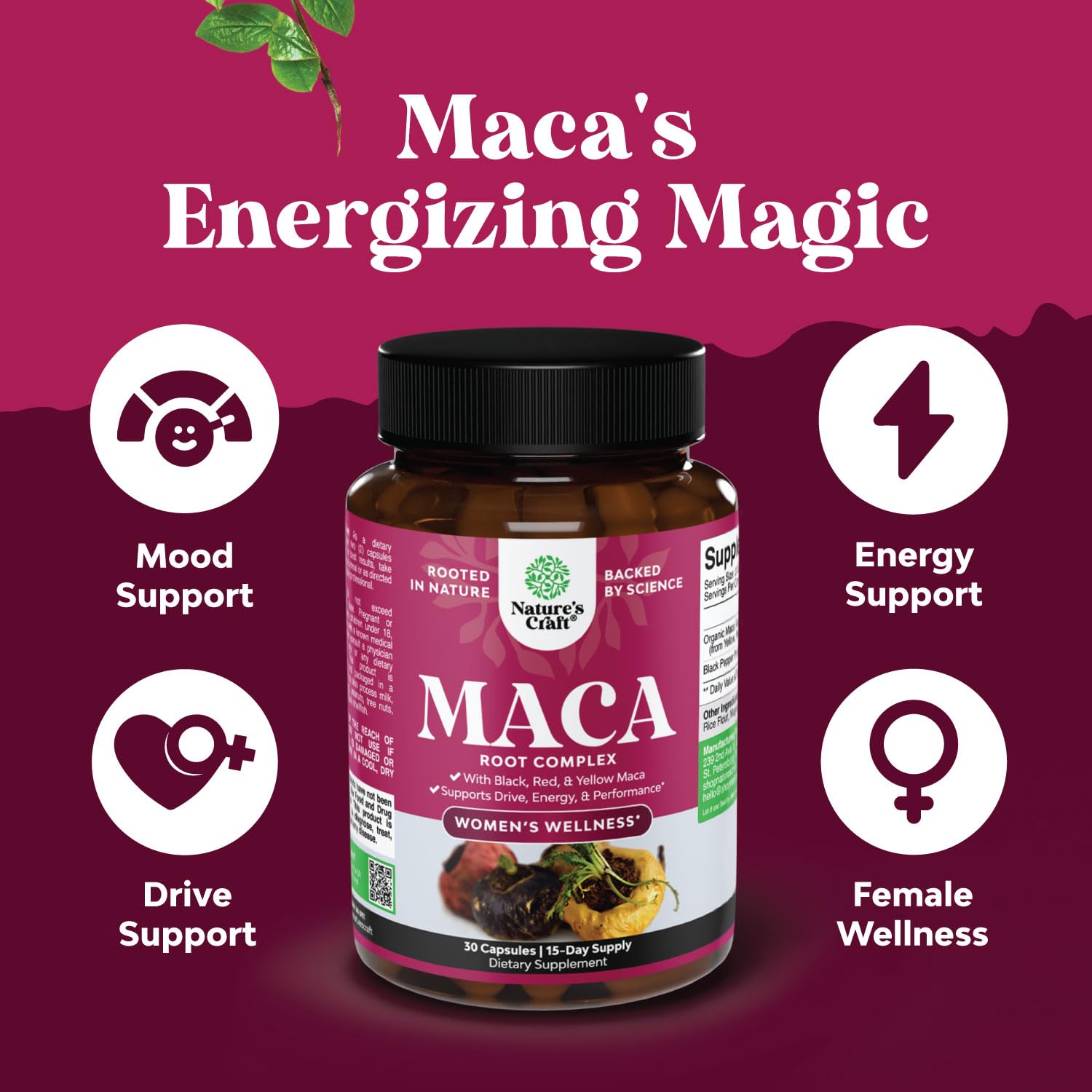 Maca Root Capsules for Women - Potent Herbal Supplement with Female Enhancing Blend of Red Yellow & Black Maca Root - Non-GMO Certified Vegan and Gluten-Free with No Artificial Colors - 30 Count Natures Craft uk supplements