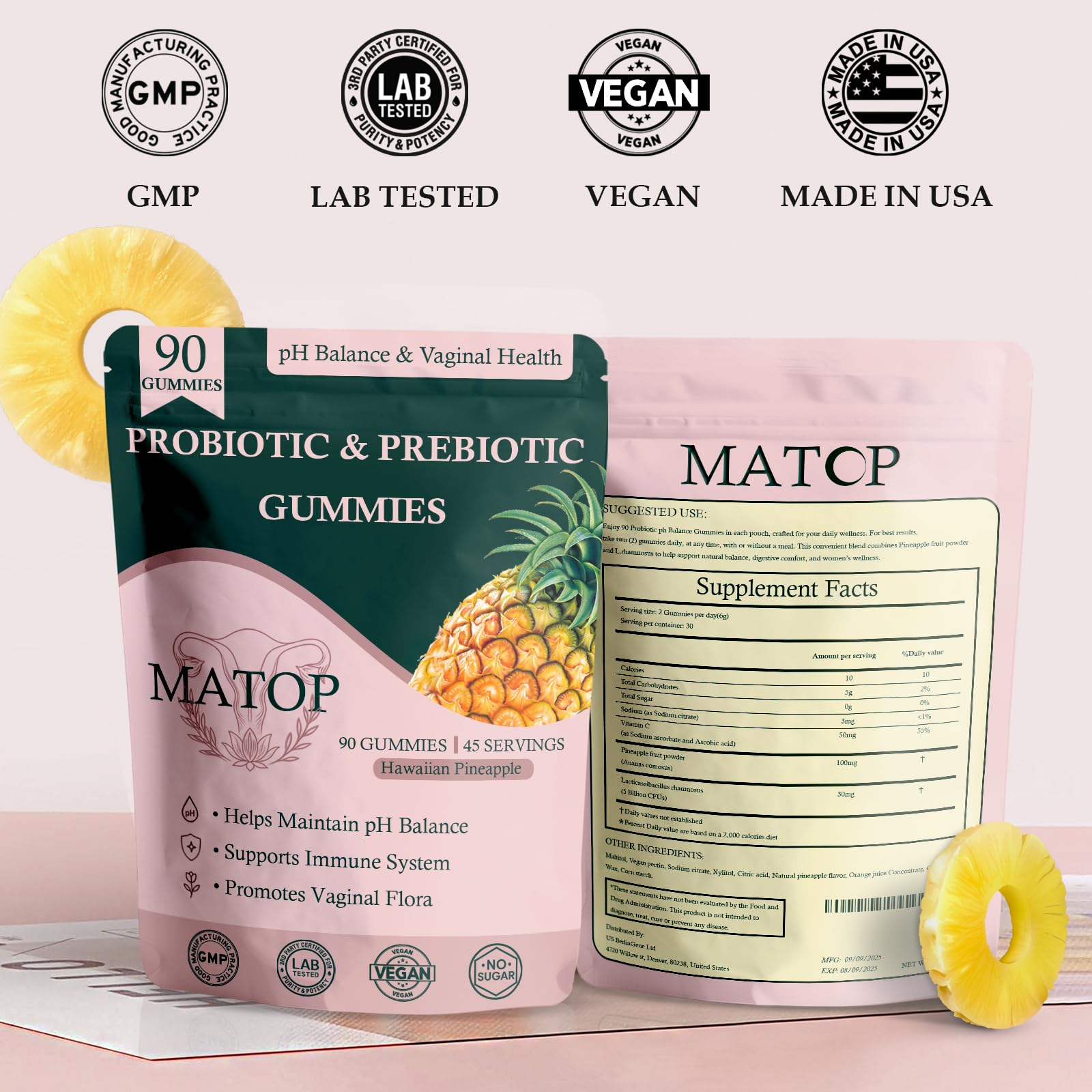 MATOP Probiotic Prebiotic pH Balance Gummies - Vaginal Health Gummies for Women Pro + Prebiotic with Pineapple Flavor, Vegan, Sugar-Free – 90 Gummies (45 Servings) MATOP uk supplements