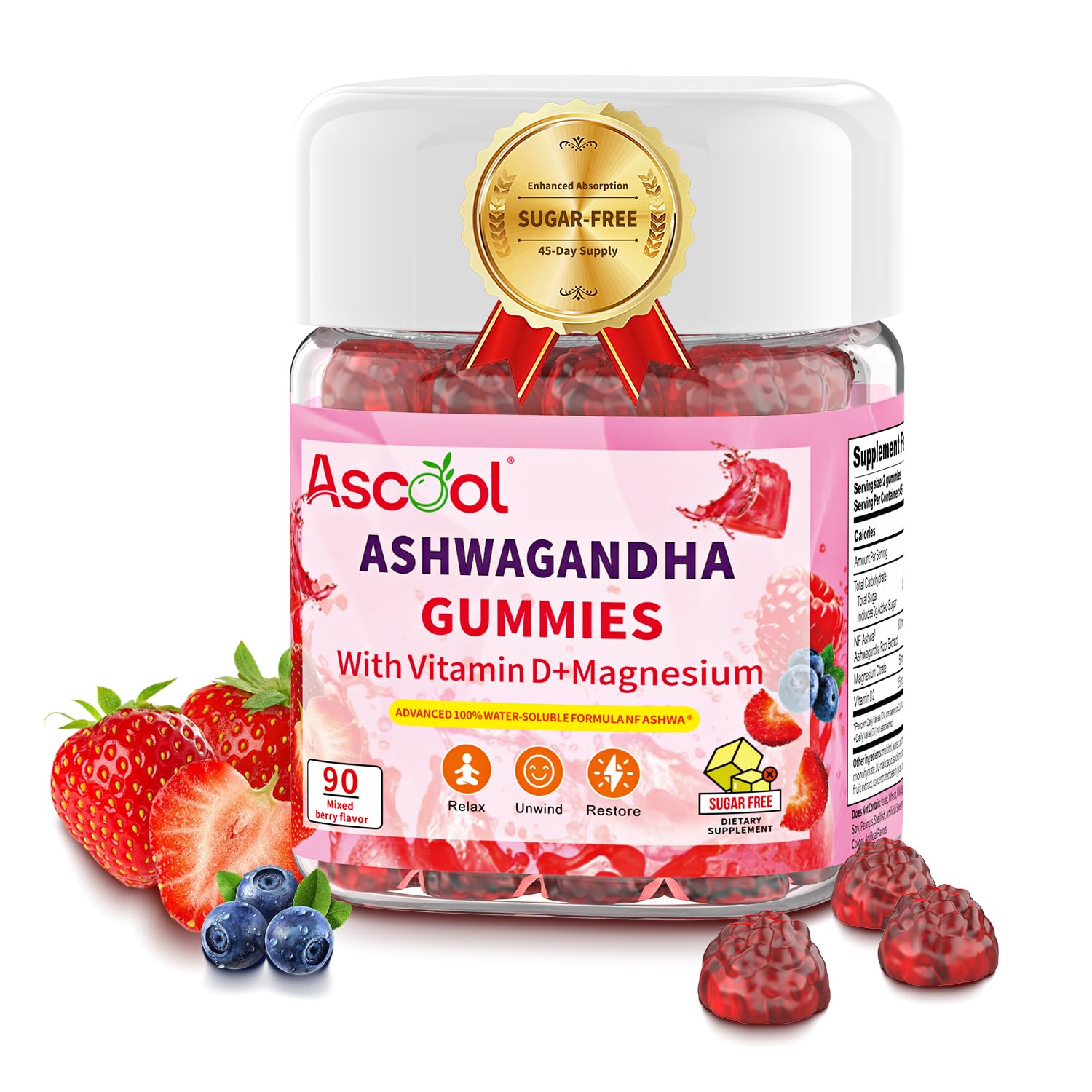Ascool Ashwagandha Gummies for Stress Support & Relaxation with Magnesium + Vitamin D – 90 Count Sugar-Free, Vegan Ashwa Supplements Ascool uk supplements