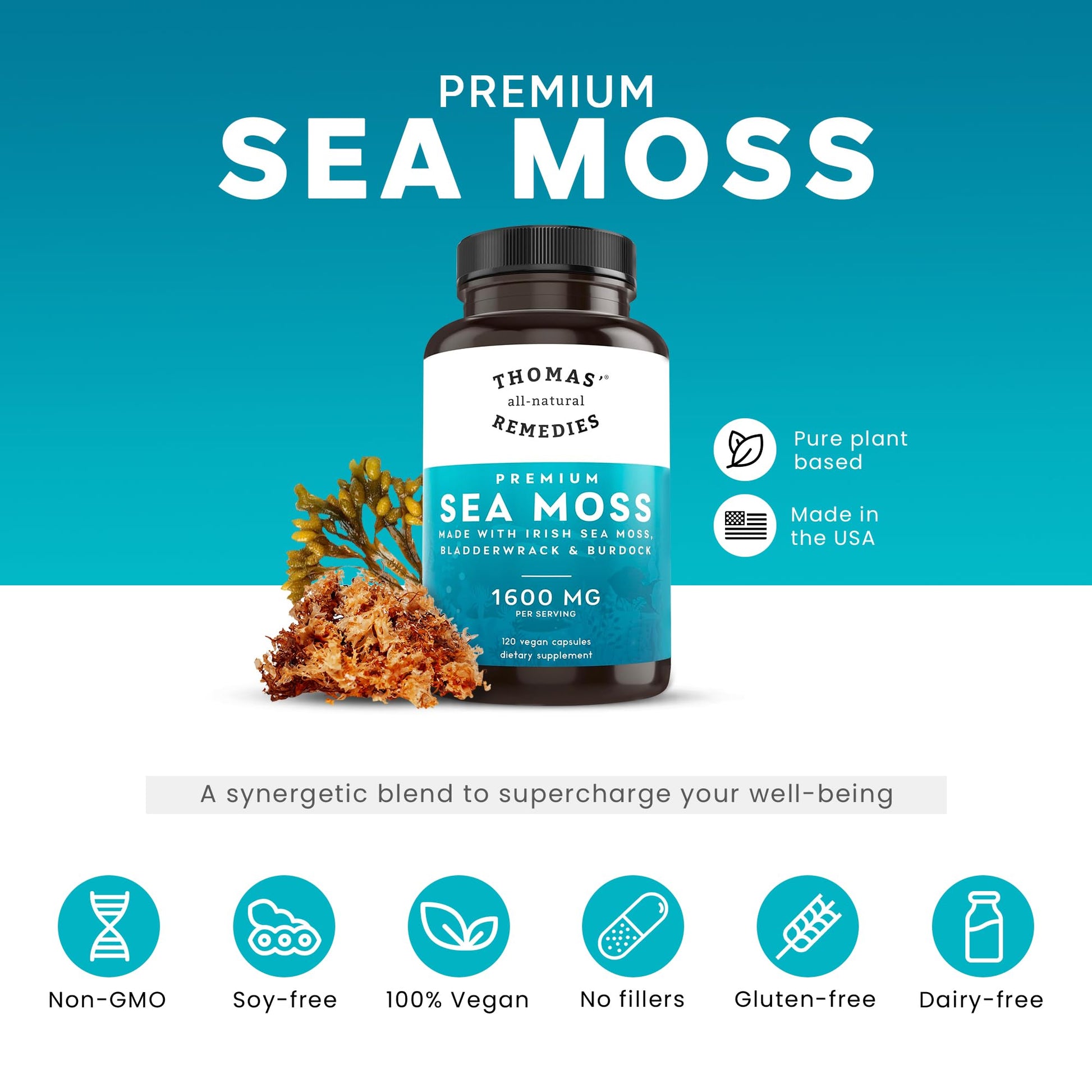 Thomas' all-natural Remedies Irish Sea Moss Capsules, Sea Moss with Bladderwrack & Burdock Root Organic for Gut Health, Digestion, Energy & Immune Support, 120 Seamoss Pills Thomas' all-natural Remedies uk supplements