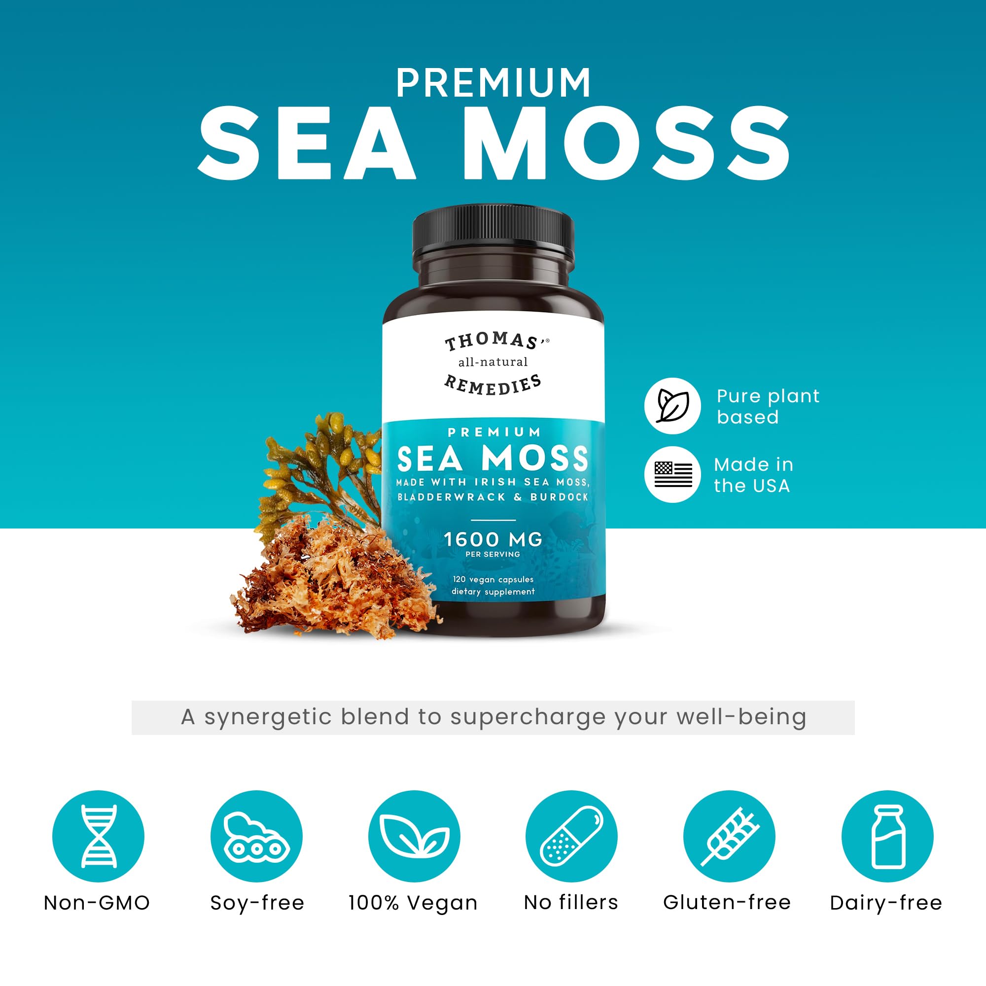 Thomas' all-natural Remedies Irish Sea Moss Capsules, Sea Moss with Bladderwrack & Burdock Root Organic for Gut Health, Digestion, Energy & Immune Support, 120 Seamoss Pills Thomas' all-natural Remedies uk supplements