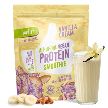 FlavCity Vegan Almond Protein Shake Powder, Vanilla Cream + Reishi & Cordyceps Mushrooms - Focus, Skin, Hair & Joint Support - Organic Fruit All in One Smoothie On-the-Go, 20 Servings FlavCity uk supplements