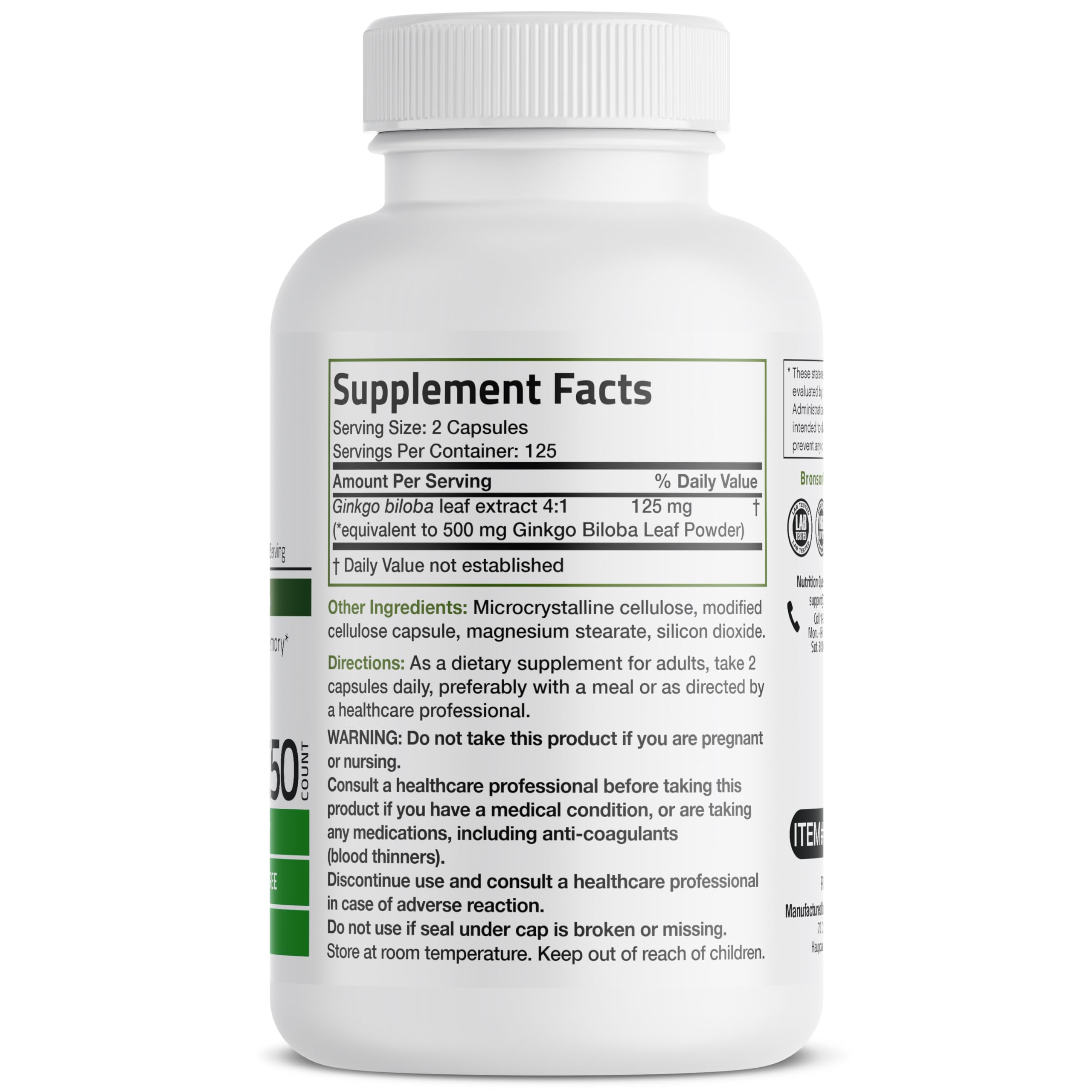Bronson Ginkgo Biloba Extra Strength 125mg (4:1 Extract) Equivalent to 500mg Bronson uk supplements