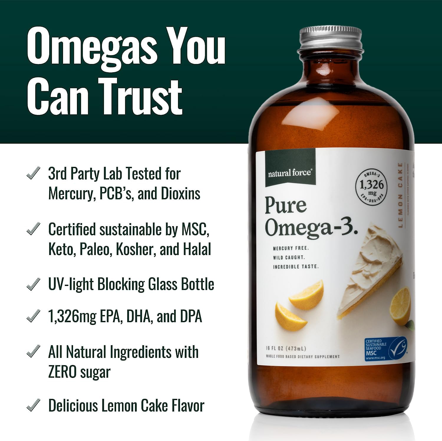 Natural Force Pure Omega 3 - Liquid Fish Oil - Delicious Lemon Cake Flavor - Mercury Free, Wild Caught, Lab Tested - 1,326 mg Triglyceride EPA, DHA, & DPA - 16 Oz Glass Bottle Natural Force uk supplements