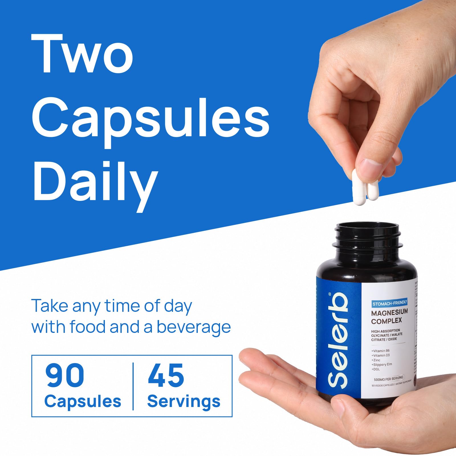 Selerb Magnesium Complex for Women and Men-Glycinate,Malate,Citrate,Oxide Supports Calm, Sleep, Muscle & Energy with D3, B6, Zinc, Slippery Elm & DGL Gentle on Stomach 90 Capsules Selerb uk supplements