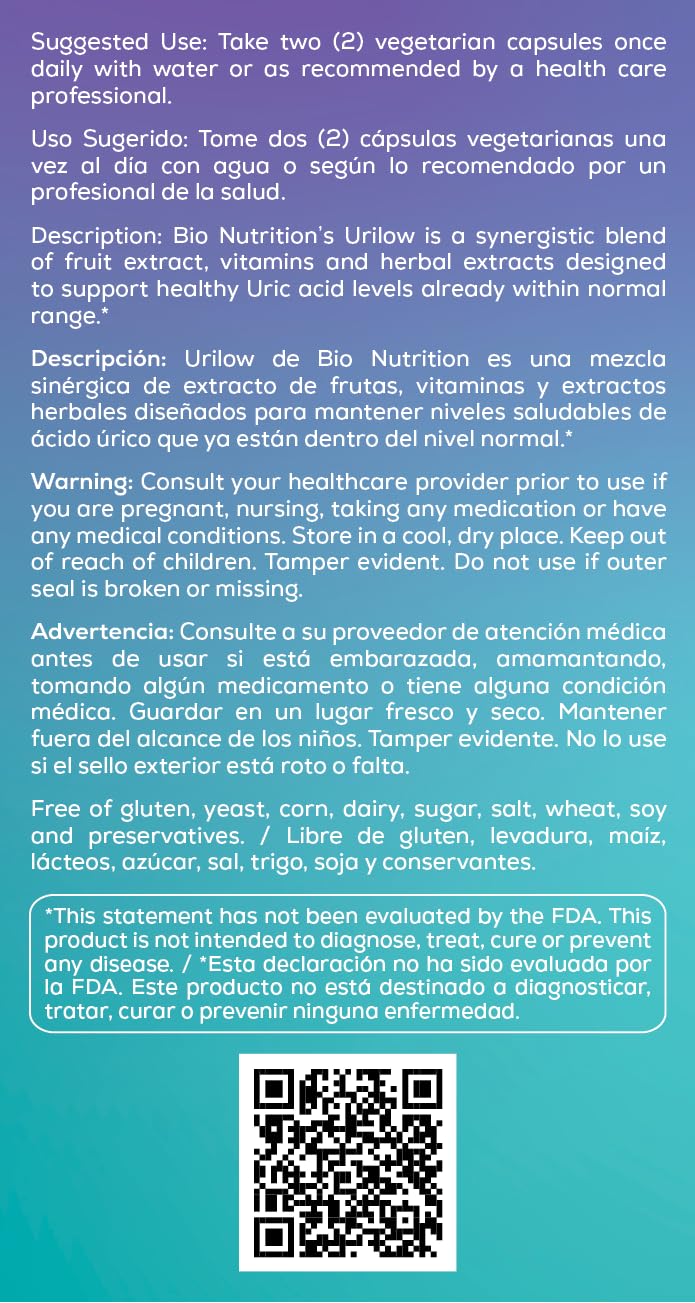Bio Nutrition 2 Pack Urilow 60 Vegetarian Capsules | Natural Support for Urinary Health | Promotes a Healthy Uric Acid Balance Bio Nutrition uk supplements