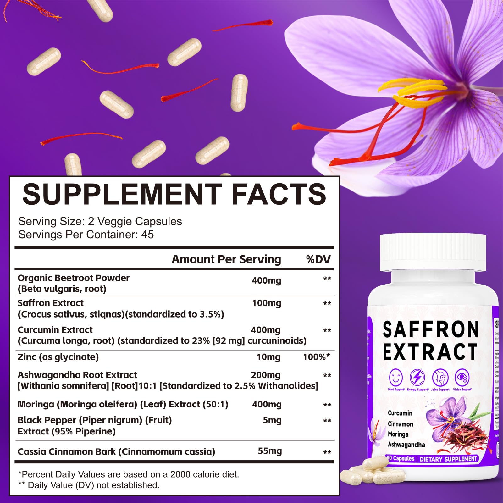 Happy Saffron Supplements, 100mg Saffron Extract, Saffron Blend with Turmeric & Ashwagandha, Supports Mood, Focus, and Energy Boost, 90 Capsules Mosslly uk supplements