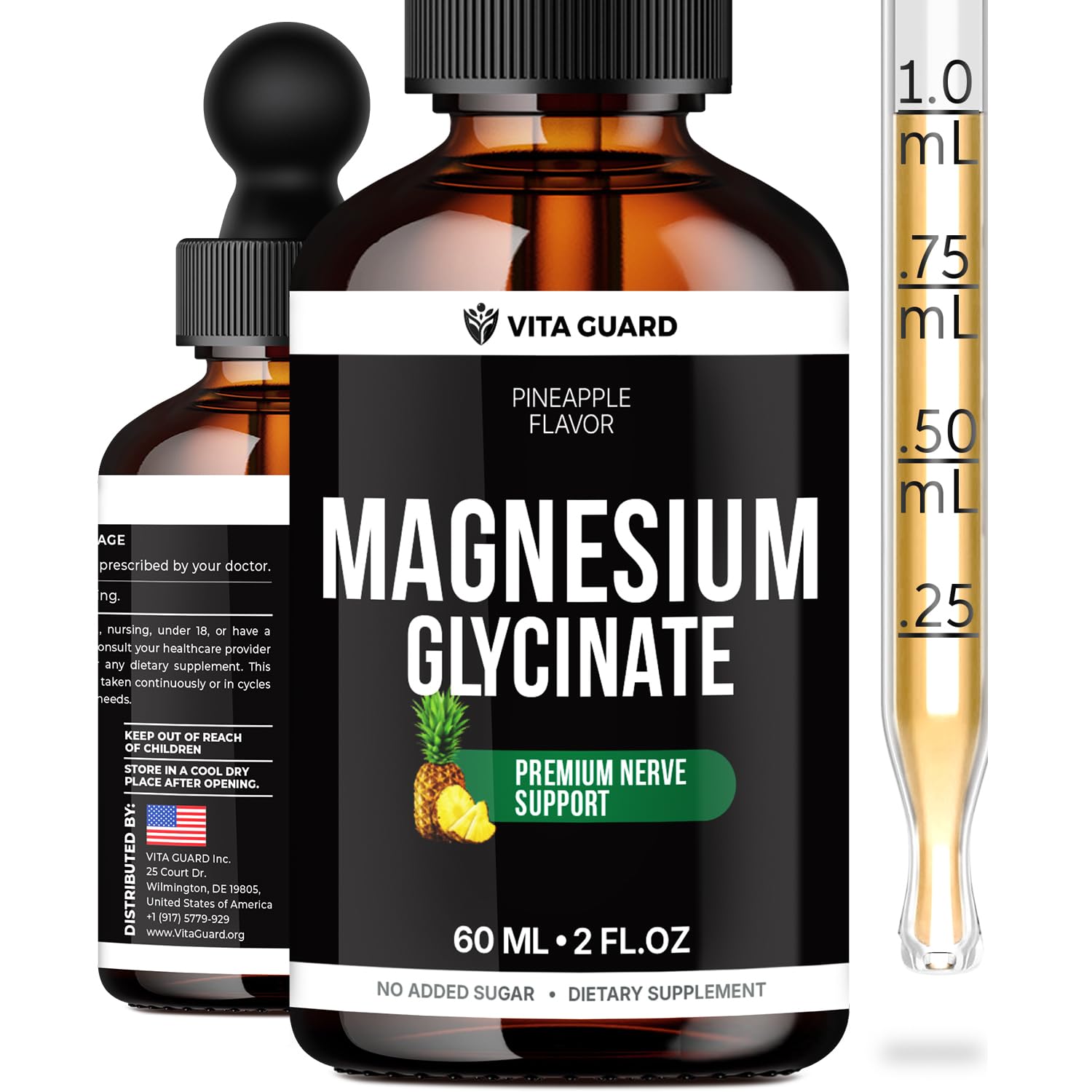 Magnesium Glycinate 500mg Liquid Drops – Sugar-Free Magnesium Supplement, Vegan Formula, 60 mL Flavor Pineapple Vita Guard uk supplements