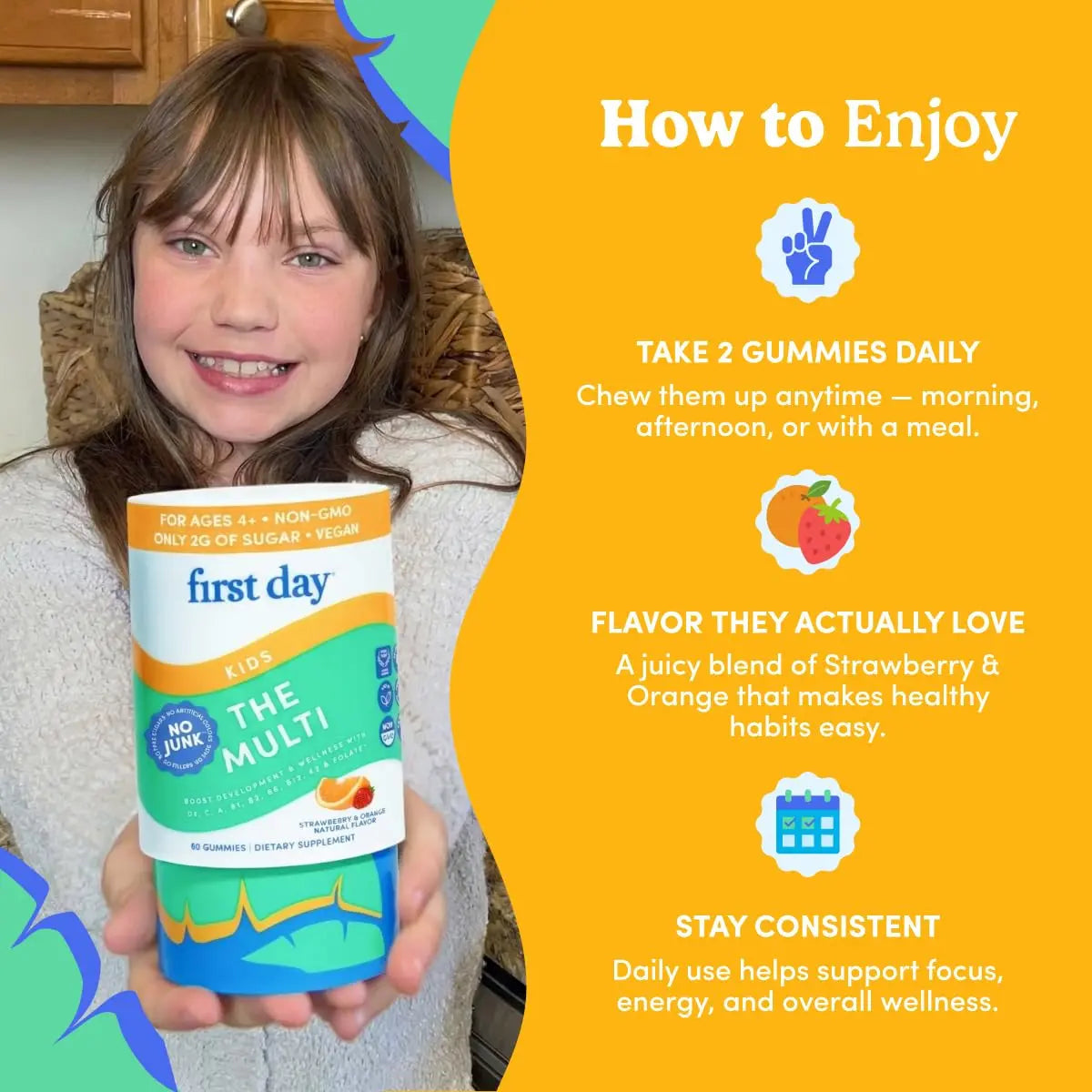 First Day Kids Multivitamin Gummies Age 4+, Strawberry & Orange - Kids Vitamins Multivitamin Gummy A C D3 K2 B1 B2 B6 B12 Folate, Immunity & Brain Function FIRST DAY uk supplements