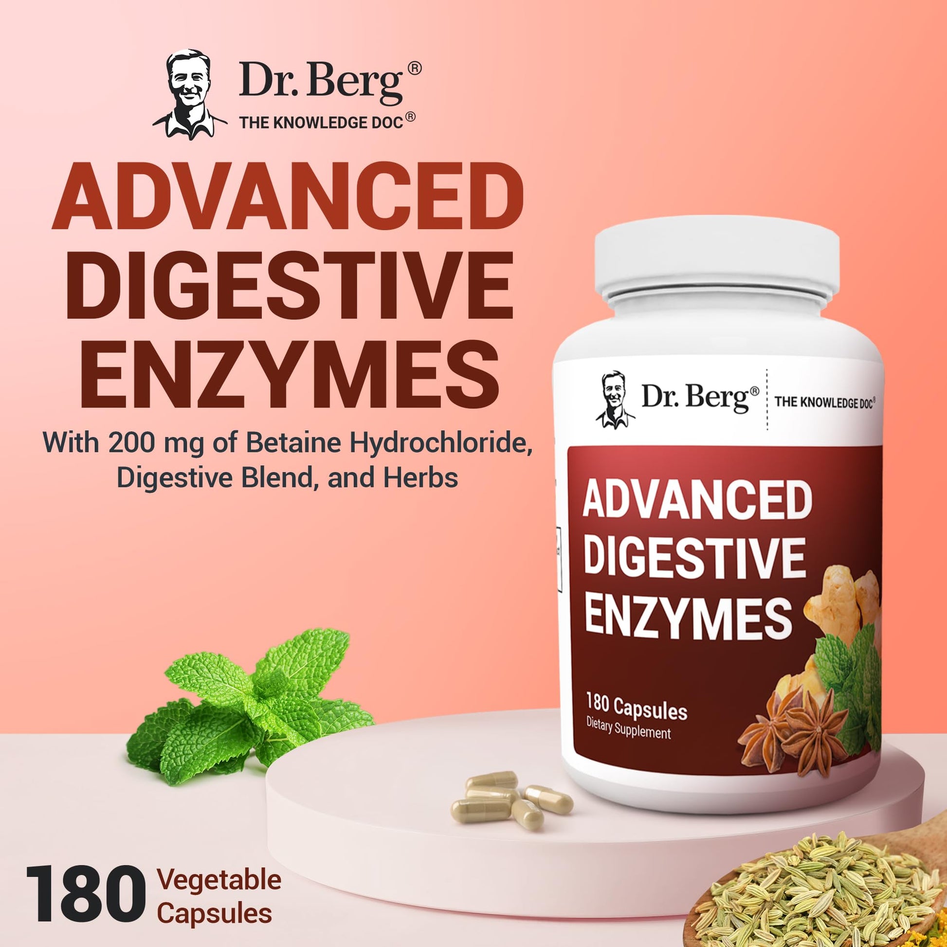 Dr. Berg Advanced Digestive Enzymes with Apple Cider Vinegar - Includes Digestive Health Ingredients Like Betaine Hydrochloride (HCI), Ginger Root & Peppermint Leaf - 180 Capsules Dr. Berg Nutritionals uk supplements