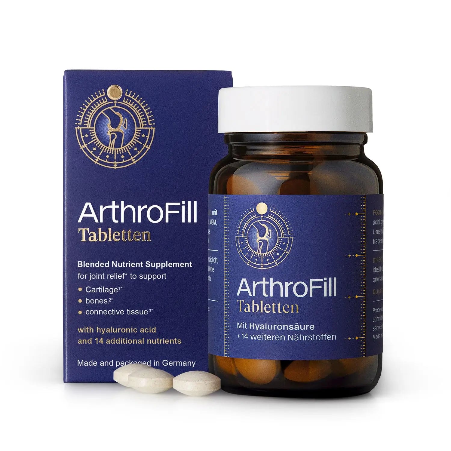 ArthroFill™ Tablets - Proven European Joint Relief - Vegan Hyaluronic Acid - Nutrient Complex - Support Active Movement Functions with 15 Vital Micronutrients - Made in Germany ArthroFill uk supplements