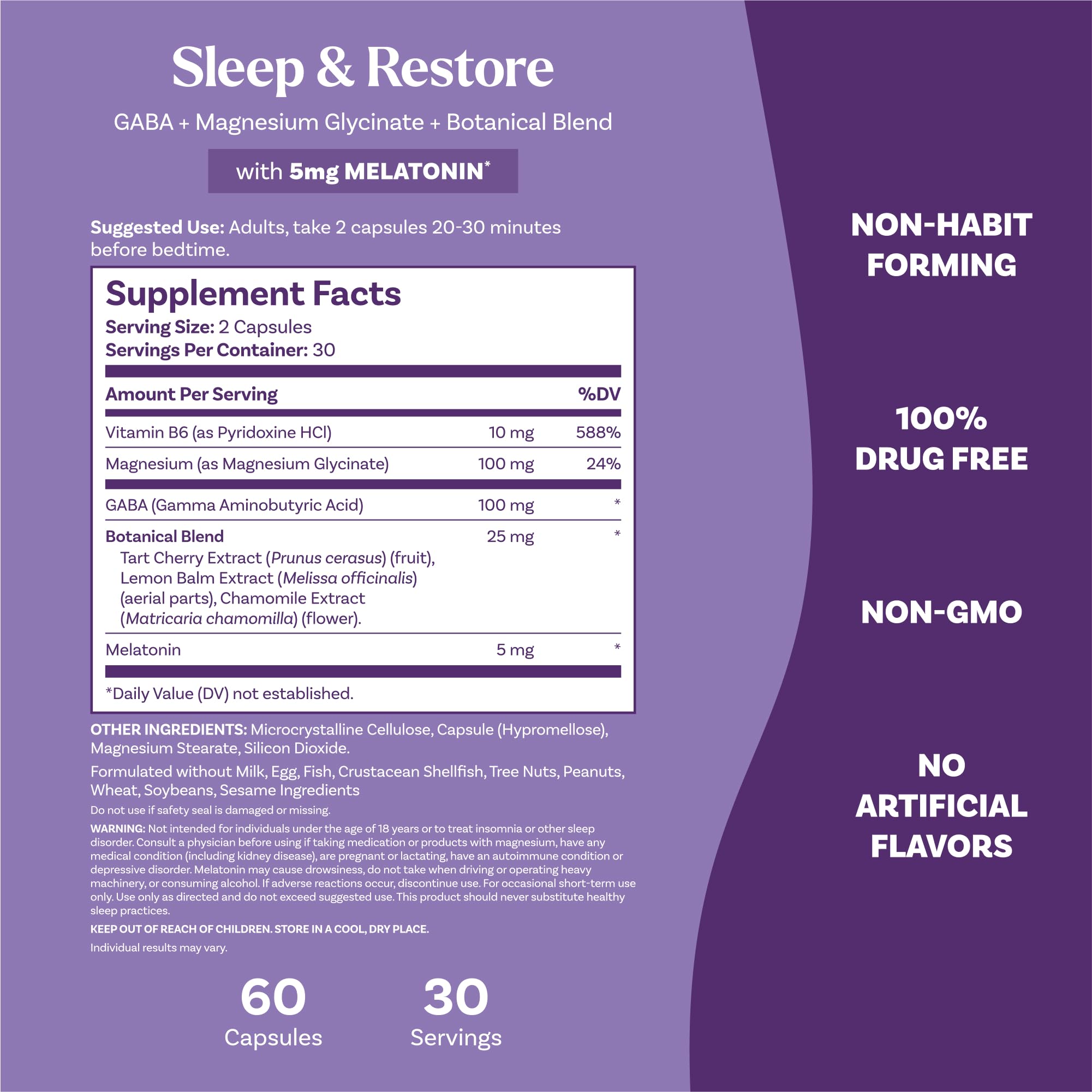 Natrol Sleep & Restore Capsules - Calm Magnesium Glycinate, Magnesium Sleep Aid with GABA, Melatonin 5mg, Botanical Blend, 30 Day Supply Natrol uk supplements