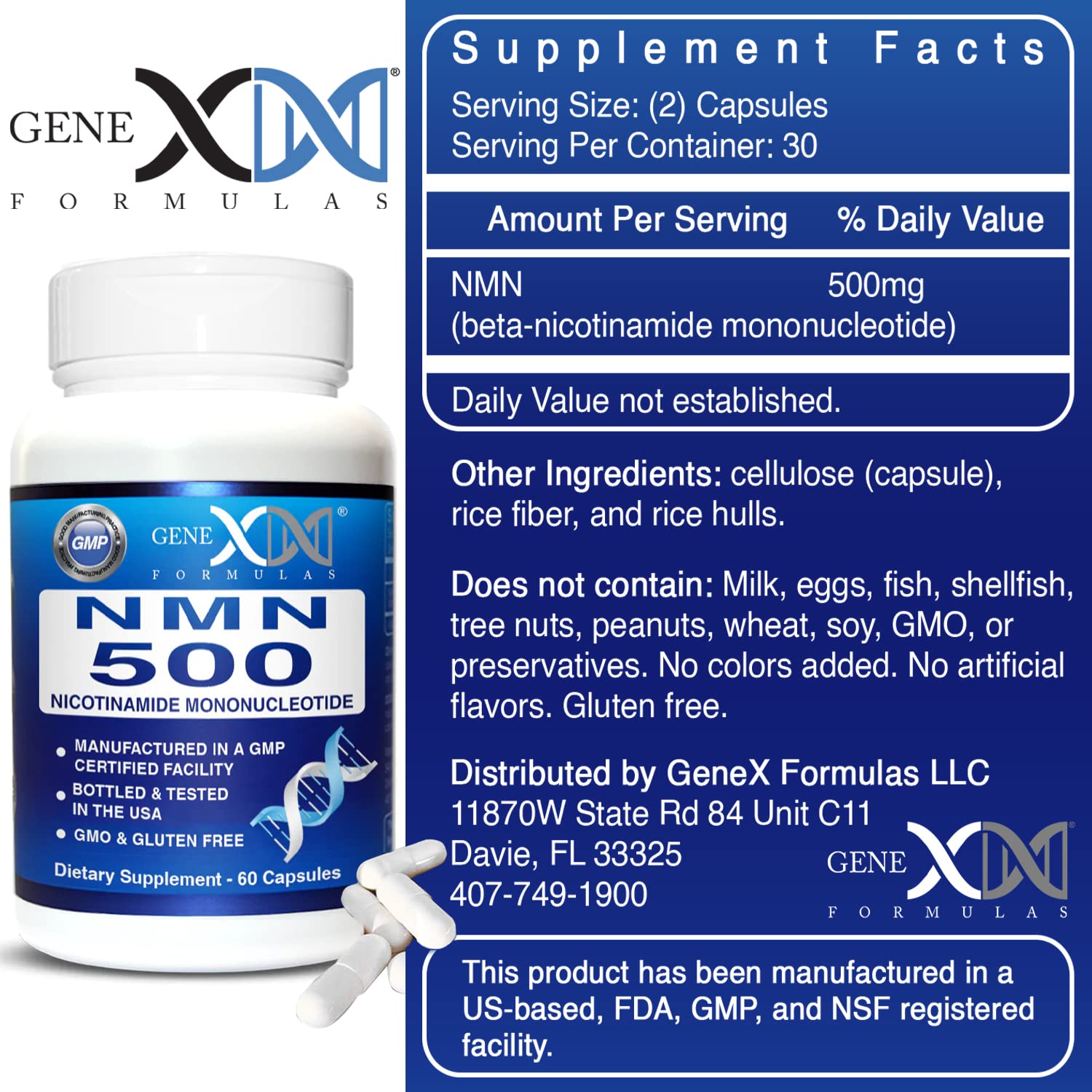 Genex Formulas NMN 500mg - 99% Pure Shelf Stabilized Supplement Capsules for Increased NAD Levels & Healthy Aging, GMP Certified, 500mg per Serving, 60 Capsules Genex Formulas uk supplements