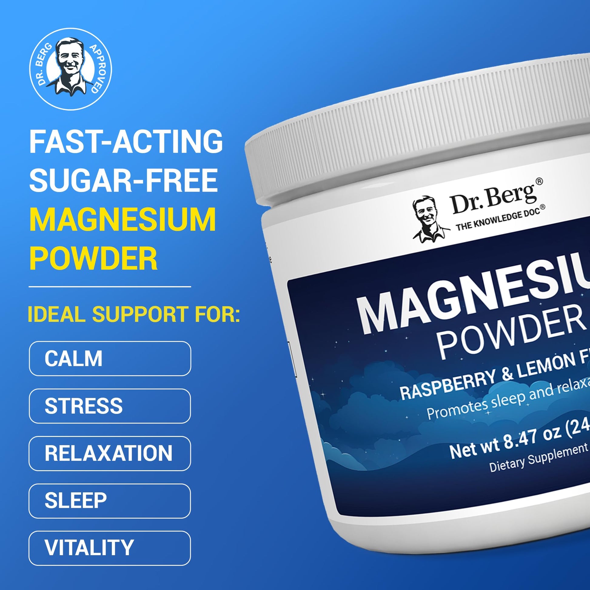 Dr. Berg Magnesium Glycinate Powder for Sleep, Relaxation, & Stress Relief - Now Includes Vitamin D3 & Zinc - Delicious Raspberry & Lemon Flavor (50 Servings) Magnesium Powder - Magnesium Drink Powder Dr. Berg Nutritionals uk supplements