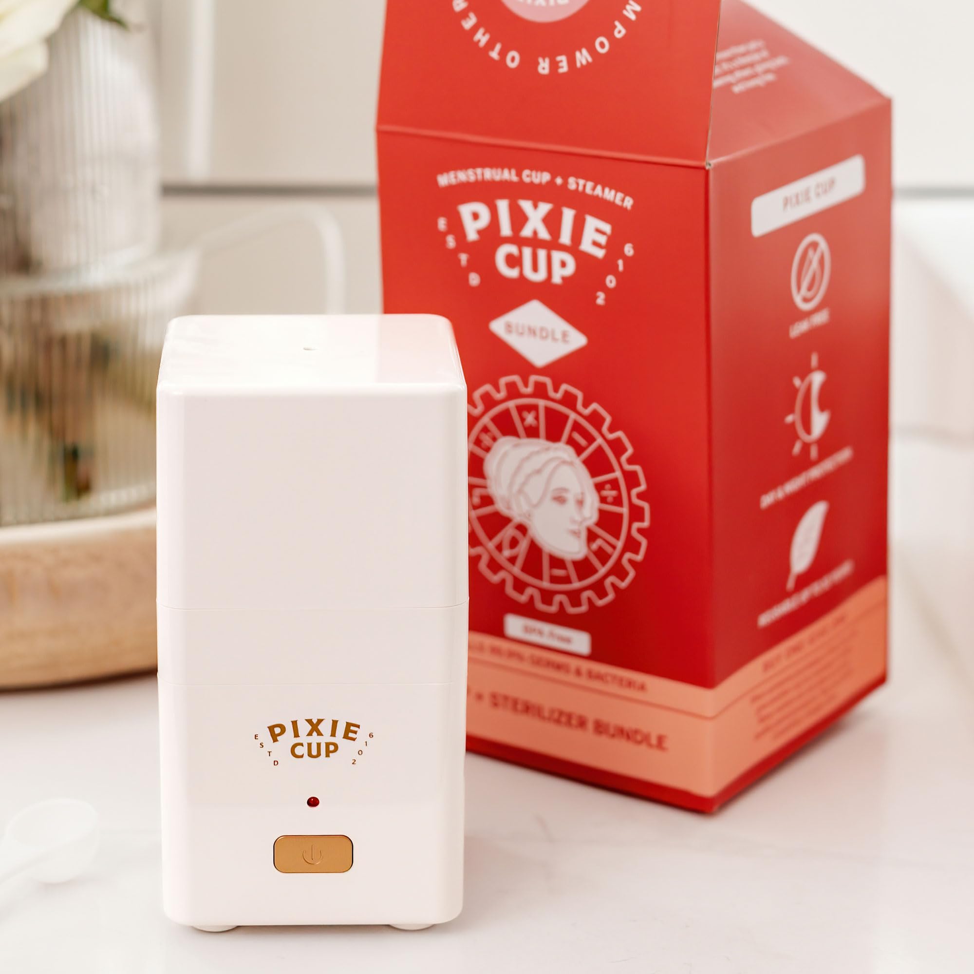Pixie Menstrual Cup Sterilizer Cleaner Machine - The Only Hinged Lid Steamer & Drying Stand Pixie Cup uk supplements