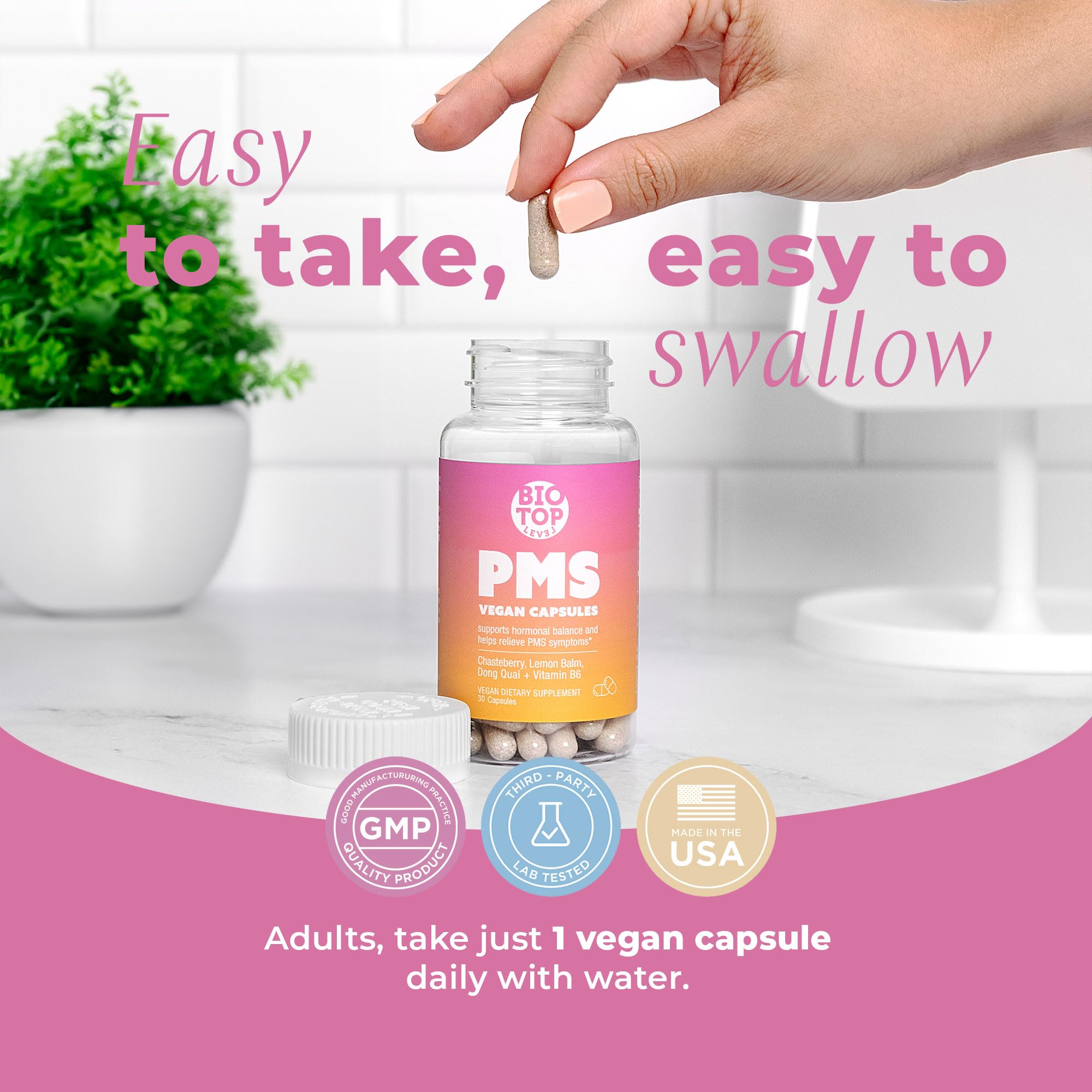 BIOTOPLEVEL PMS Support Supplement for Women & PMS Relief, Hormone Balance & Menstrual Period Relief for Cramps, Bloating & Mood Swings with Chasteberry, Vitamin B6, Lemon Balm, Dong Quai, 30 Count BIOTOPLEVEL uk supplements