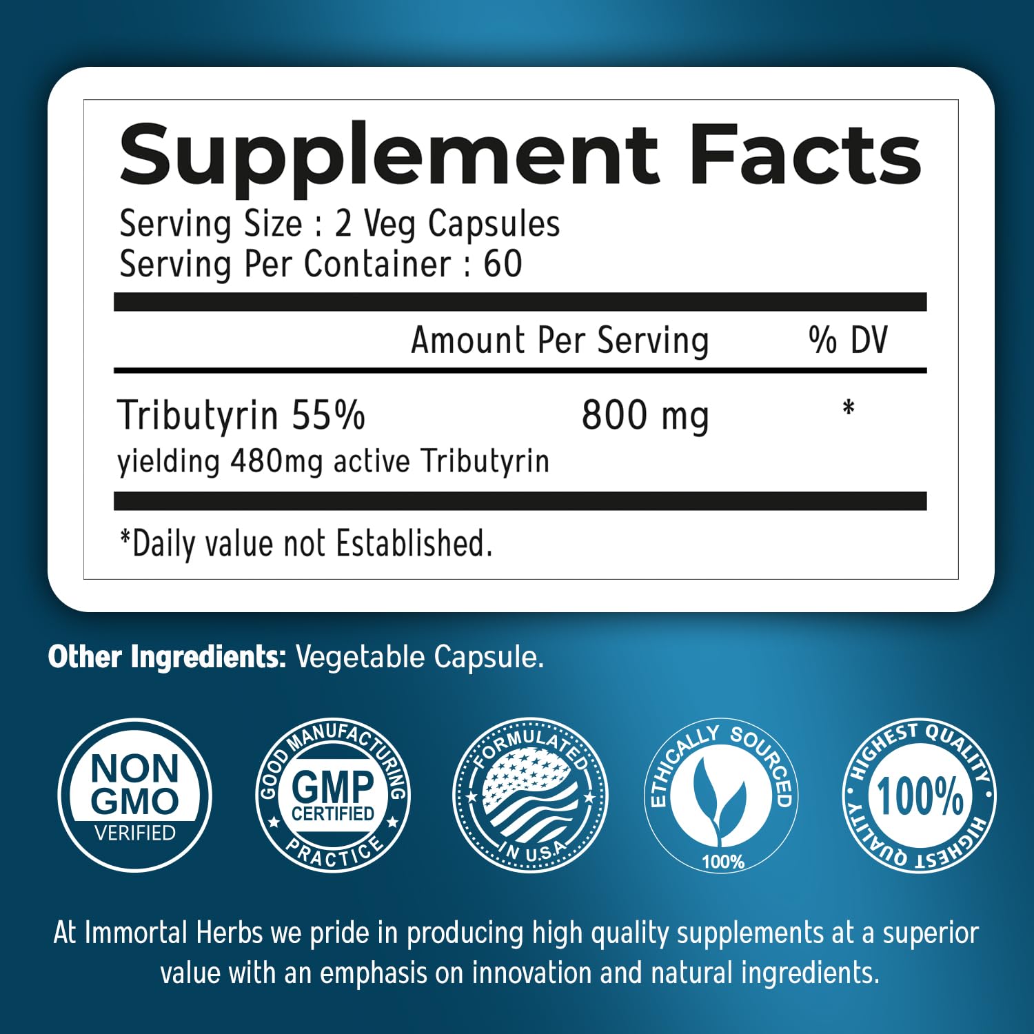 Immortal Herbs Tributyrin Supplement 800mg, Advanced Butyrate Form, 55% Standardized, More Effective Delivery Than Sodium Butyrate, 120 Capsules, Non-GMO & Gluten Free Postbiotic Supplement Immortal Herbs uk supplements