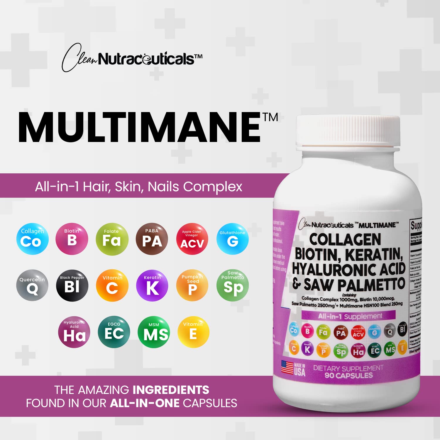 Collagen Pills 1000mg Biotin 10000mcg Keratin Saw Palmetto 2500mg 90 Ct Clean Nutraceuticals uk supplements