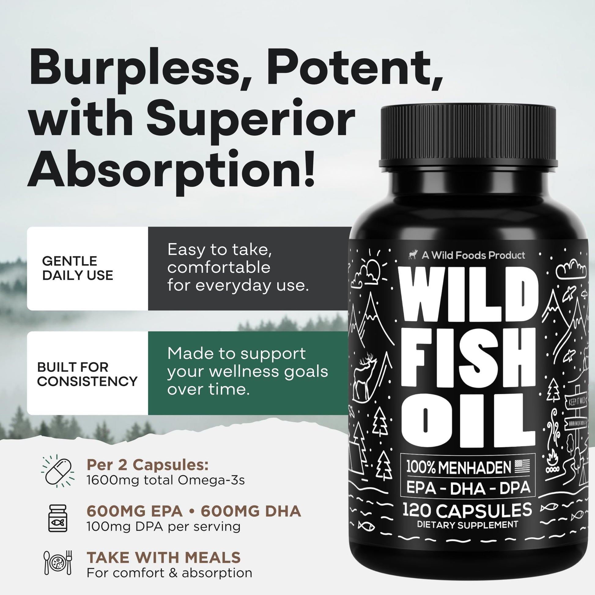 Wild Foods Omega 3 Fish Oil Supplement, 120 Capsules (1 pk) | Wild Caught, Burpless, Odorless, Non-GMO, Gluten Free | DPA, DHA, EPA Triple Strength Heart & Joint Nutrition for Women & Men Wild Foods uk supplements
