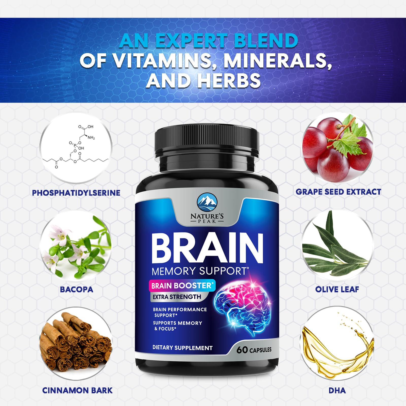 Brain Memory Supplement - 3X Strength Nootropics for Concentration, Clarity & Focus Support - Brain Health Cognitive Vitamins with Bacopa, Phosphatidylserine & DMAE, Brain Booster Pills, 60 Capsules Nature's Peak uk supplements