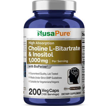 NusaPure Choline & Inositol - Suitable for Vegetarian/Vegan, Non - GMO - 1000mg - 200 Veggie Capsules NusaPure uk supplements