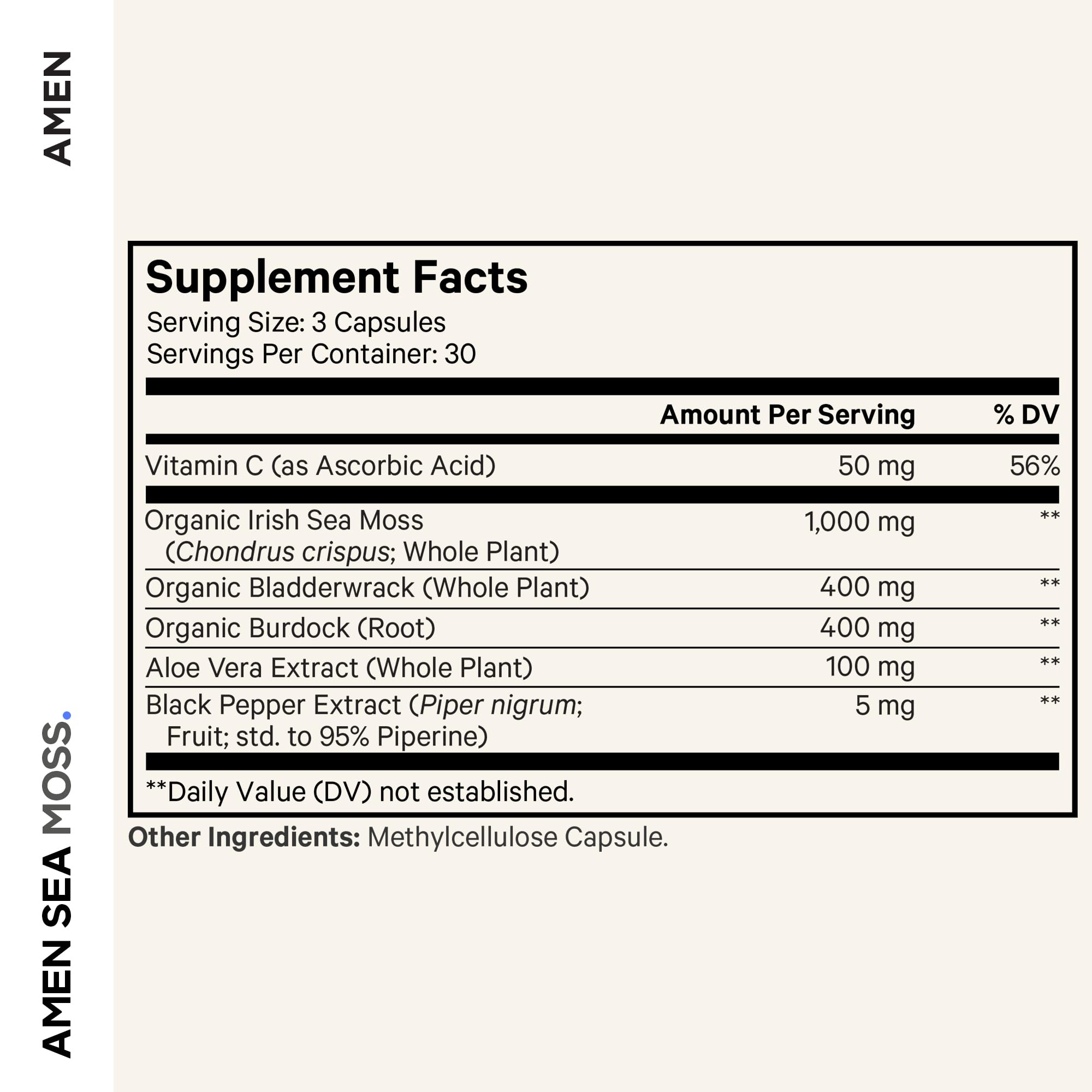 Amen Sea Moss Supplement - 1000mg Organic Irish Sea Moss, Bladderwrack, Burdock - Vitamin C, Aloe Vera, Black Pepper - Seaweed Superfood, Vitamins, Minerals, and Antioxidants - Non-GMO - 90 Capsules Amen uk supplements