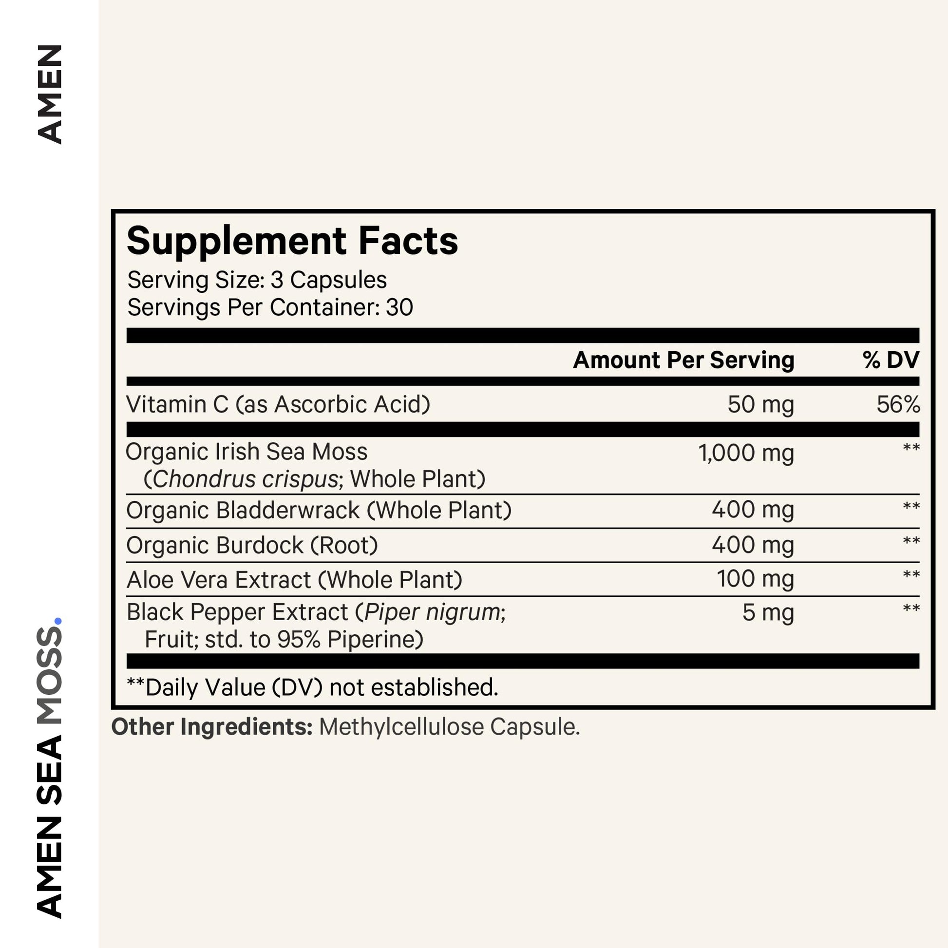 Amen Sea Moss Supplement - 1000mg Organic Irish Sea Moss, Bladderwrack, Burdock - Vitamin C, Aloe Vera, Black Pepper - Seaweed Superfood, Vitamins, Minerals, and Antioxidants - Non-GMO - 90 Capsules Amen uk supplements