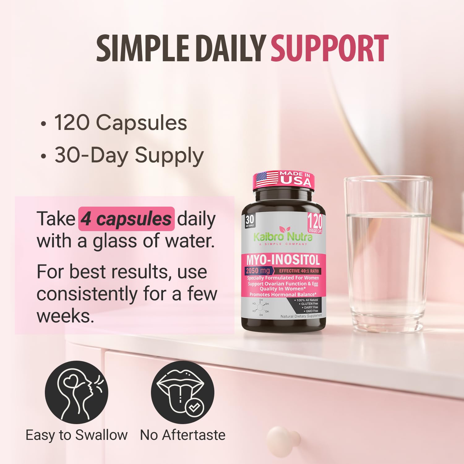 Kaibro Nutra Myo-Inositol Supplement, Myo-Inositol & D-Chiro Inositol 40:1 Ratio, Hormone Balance & Ovarian Support for Women with Vitamin B8, 2050mg, Vegan, Non-GMO Capsules 120 Count Kaibro Nutra uk supplements
