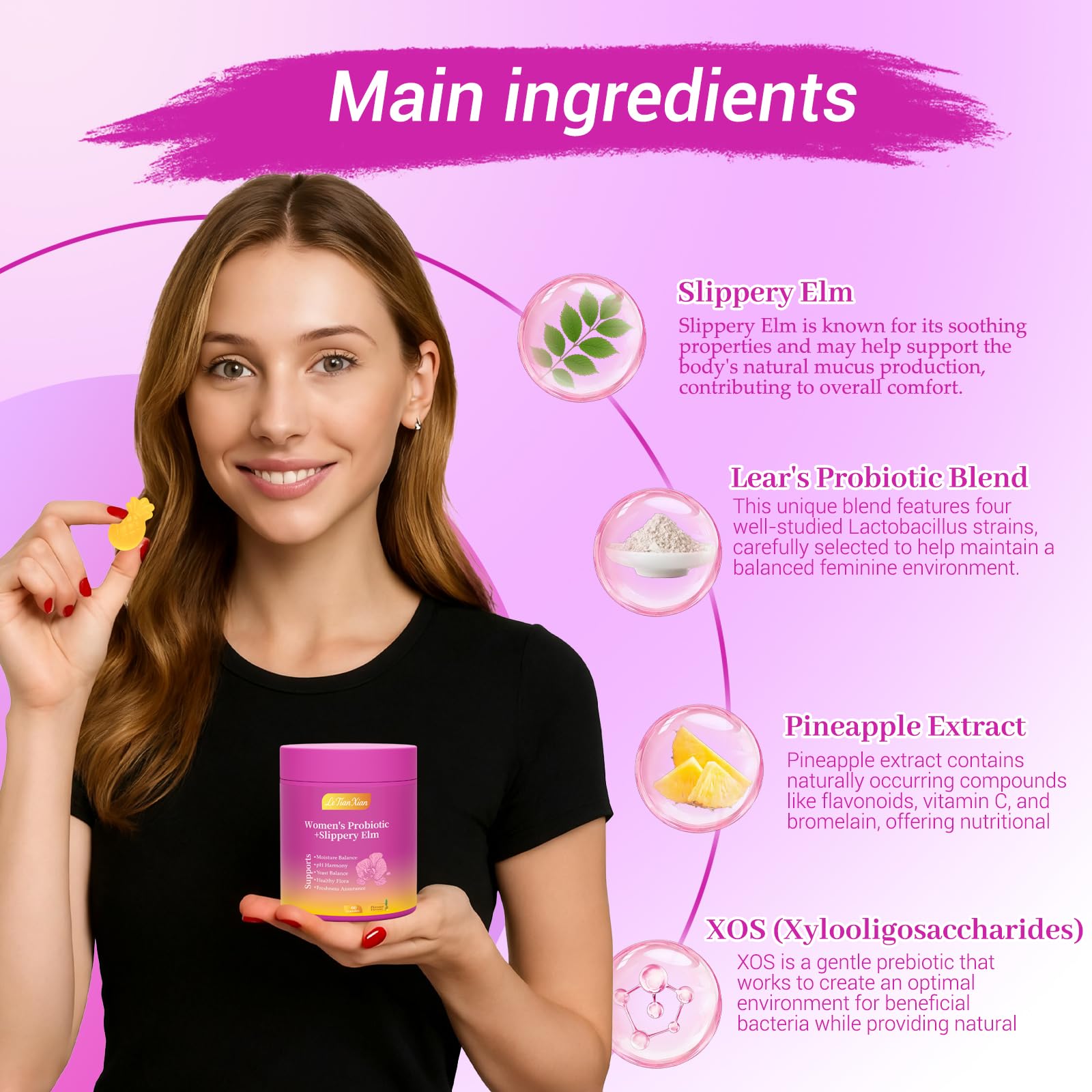 Le Tian Xian Her Juicy Feminine Probiotics Gummies for Women with Slippery Elm, Prebiotics & Lactobacillus - for pH Balance & Digestive Health, Tropical Pineapple Flavor, 60 Count Le Tian Xian uk supplements