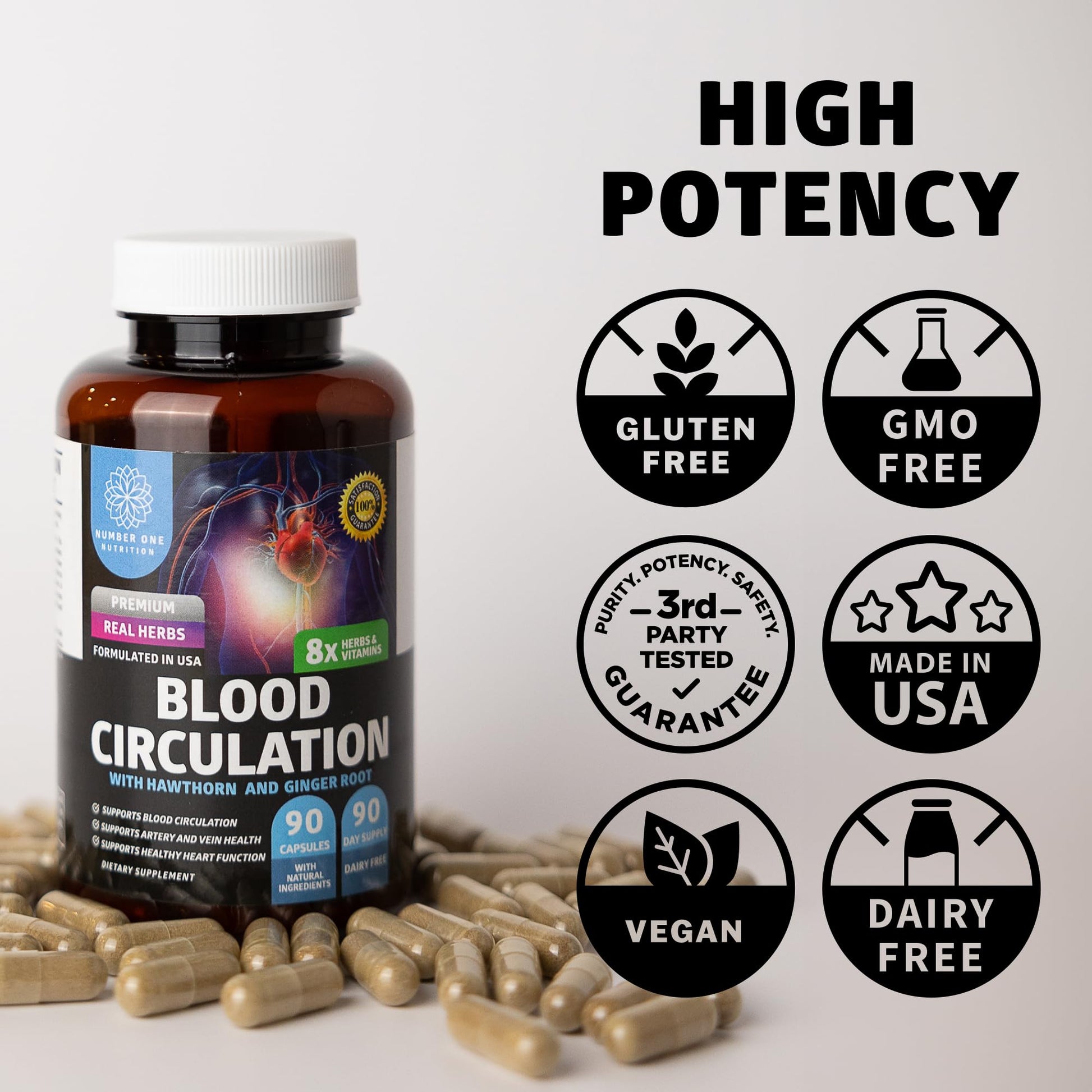 Number One Nutrition Premium Blood Circulation Supplement for Women and Men [8 Powerful Herbs & Vitamins] All Natural Blood Flow Supplement with Hawthorn, Butchers Broom and Cayenne Pepper, 90 Caps Number One Nutrition uk supplements