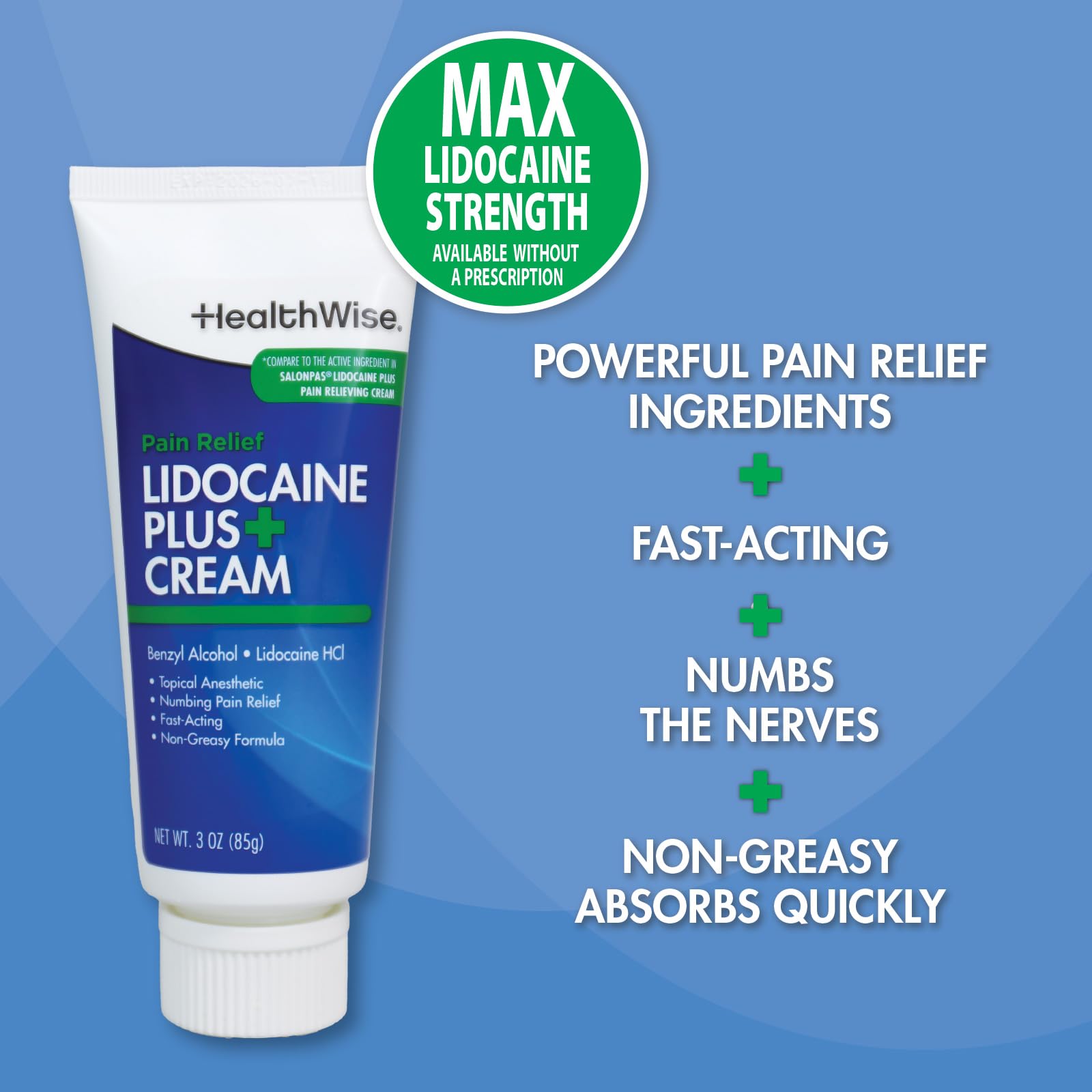 HealthWise Lidocaine Plus+ Cream | Numbs Away Pain | | Non-Greasy | 3.0 Oz | 4% OTC Lidocaine + 10% Benzyl Alcohol | Topical Anesthetic HealthWise uk supplements