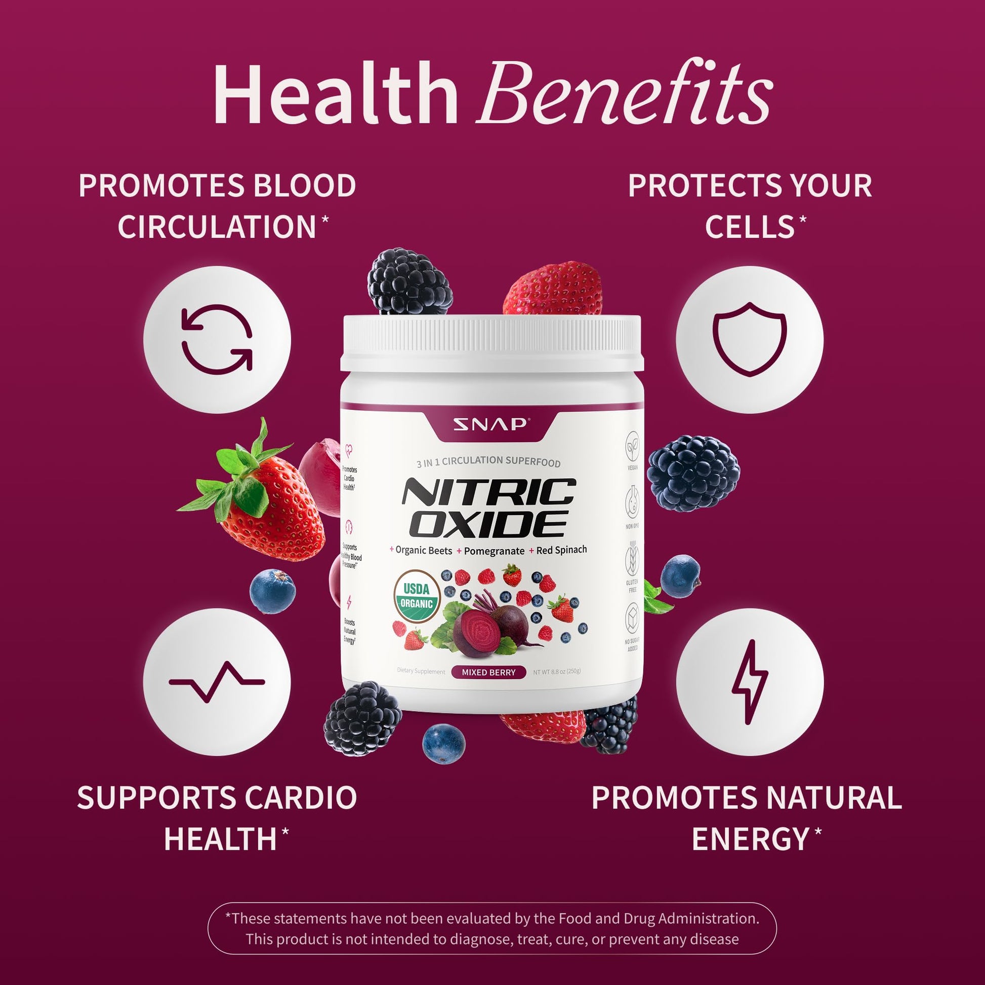 Snap Supplements Organic Beet Root Powder Nitric Oxide Supplement for Men & Women, Red Spinach & Pomegranate, Supports Healthy Energy & Blood Pressure Already in Normal Range, 30 Servings, Mixed Berry Snap Supplements uk supplements