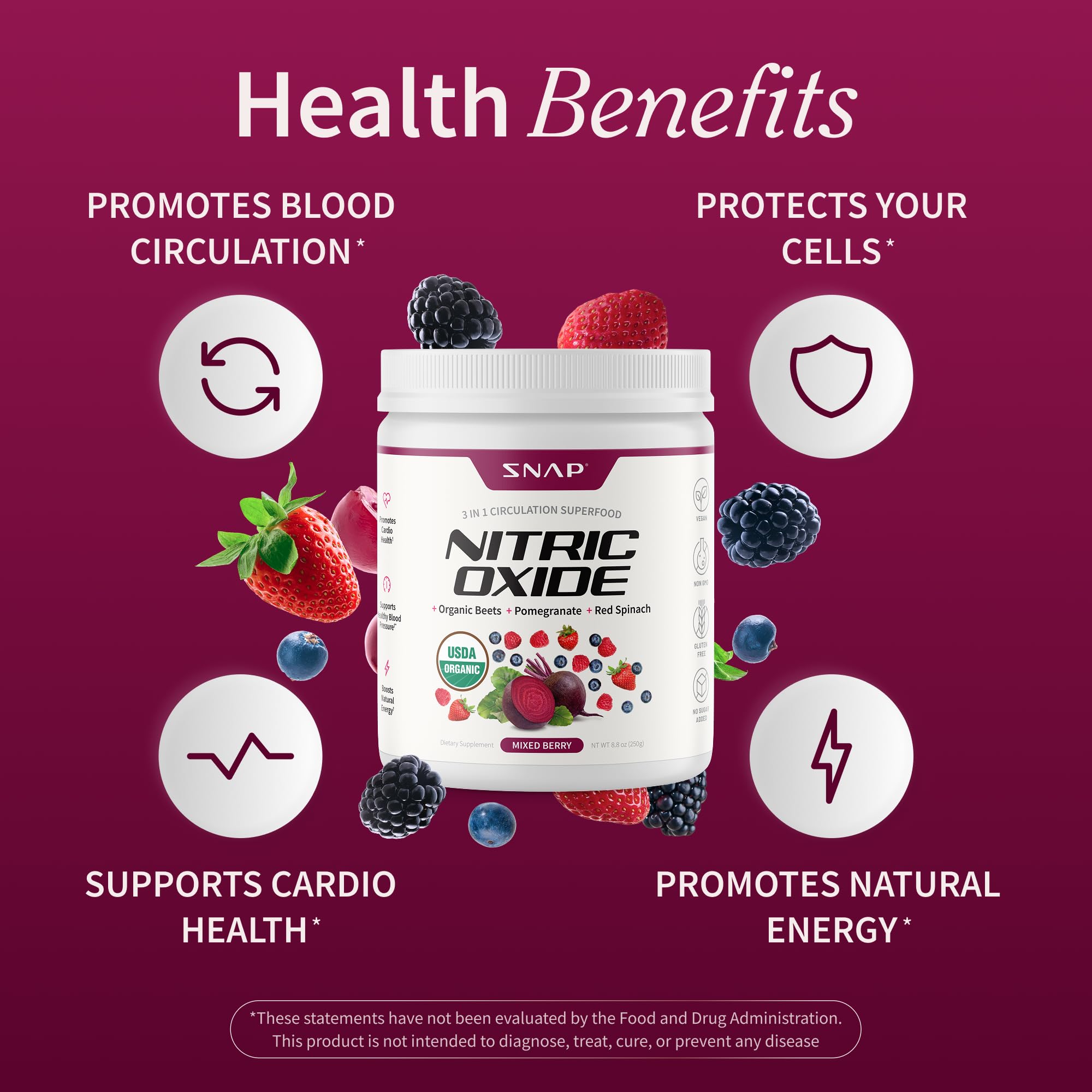Snap Supplements Organic Beet Root Powder Nitric Oxide Supplement for Men & Women, Red Spinach & Pomegranate, Supports Healthy Energy & Blood Pressure Already in Normal Range, 30 Servings, Mixed Berry Snap Supplements uk supplements