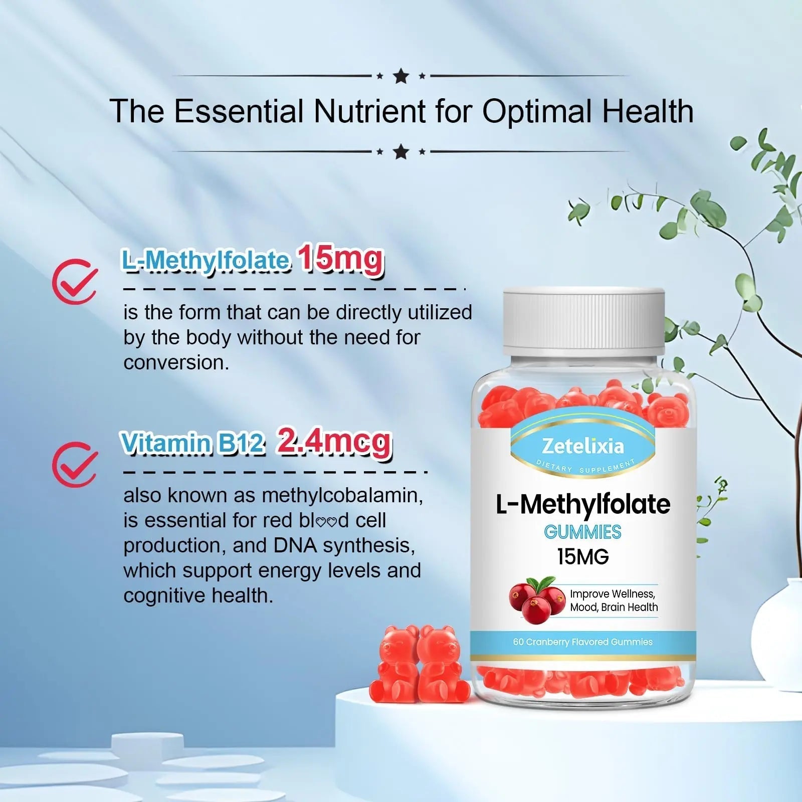 Zetelixia 2 Pack L-Methylfolate 15mg & Methyl B12 Gummies, Folate Supplement for Brain Health, Mood & Immunity, DNA Synthesis & Repair Zetelixia uk supplements