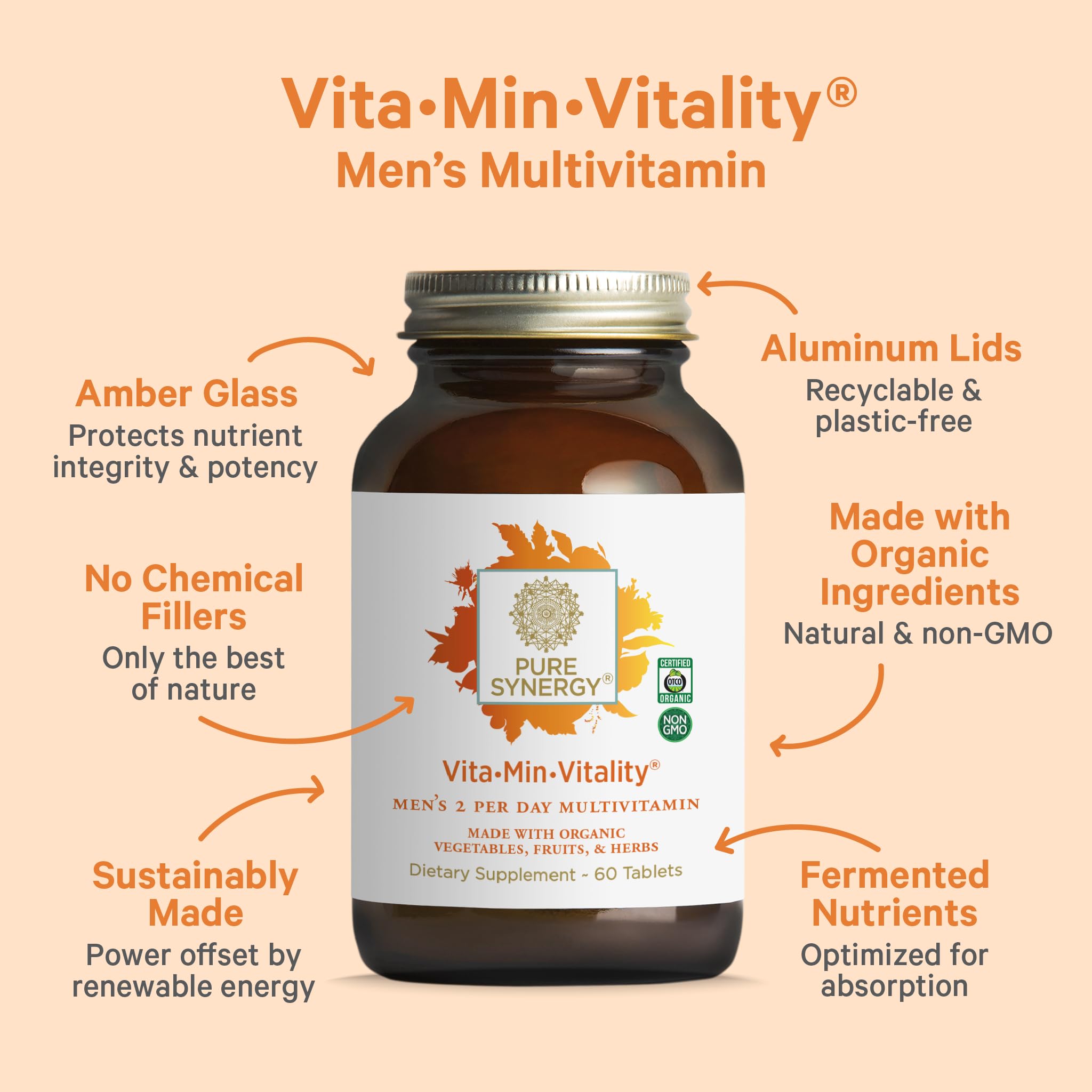 PURE SYNERGY Vita·Min·Vitality | Natural Multivitamin for Men | Men’s Daily Multivitamin Made with Organic Whole Foods | for Energy, Stress, and Immune Support (60 Tablets) PURE SYNERGY uk supplements
