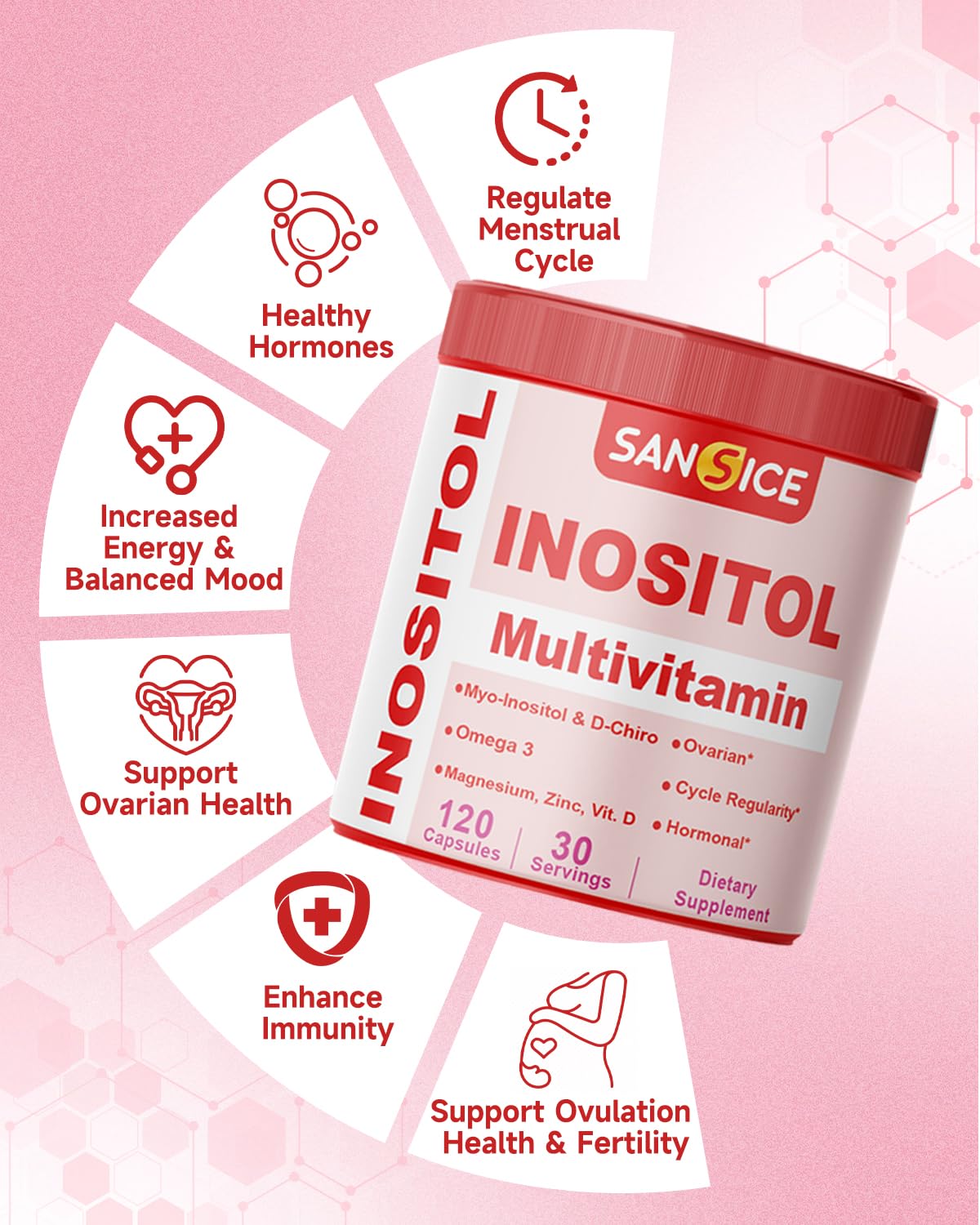 SANSICE Myo & D-Chiro Inositol Multivitamin Capsules, 2000mg Myo-Inositol & 50mg D-Chiro Inositol 40:1 Blend, Vitamin B8 Supplement for Female Hormone (120 Capsules) SANSICE uk supplements